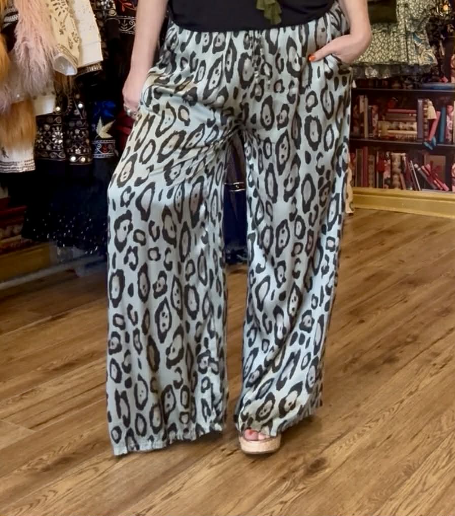 THE 'ATHENA' LUXE SATIN FEEL SWISHY WIDE LEG LEOPARD PRINT PANTS WITH ADJUSTABLE STRETCH WAIST