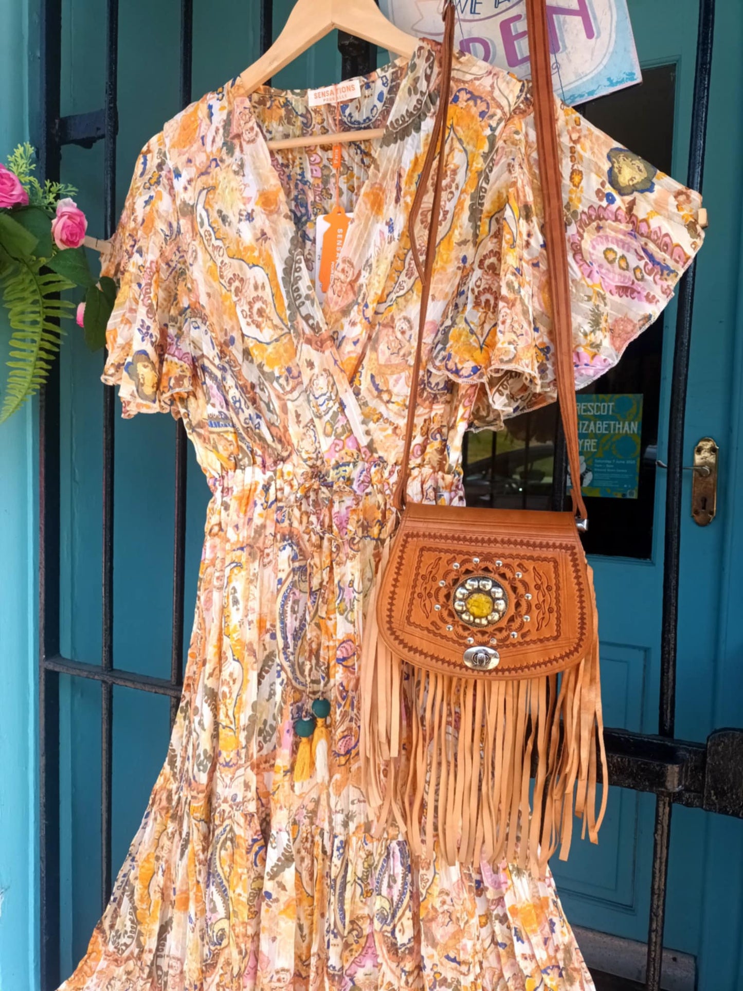 'ELEANOR' STUNNING PLISSE ANGEL SLEEVE MAGIC DRESS WITH SWISHY HEM AND TASSEL TIE DETAIL. ICE CREAM COLOURS