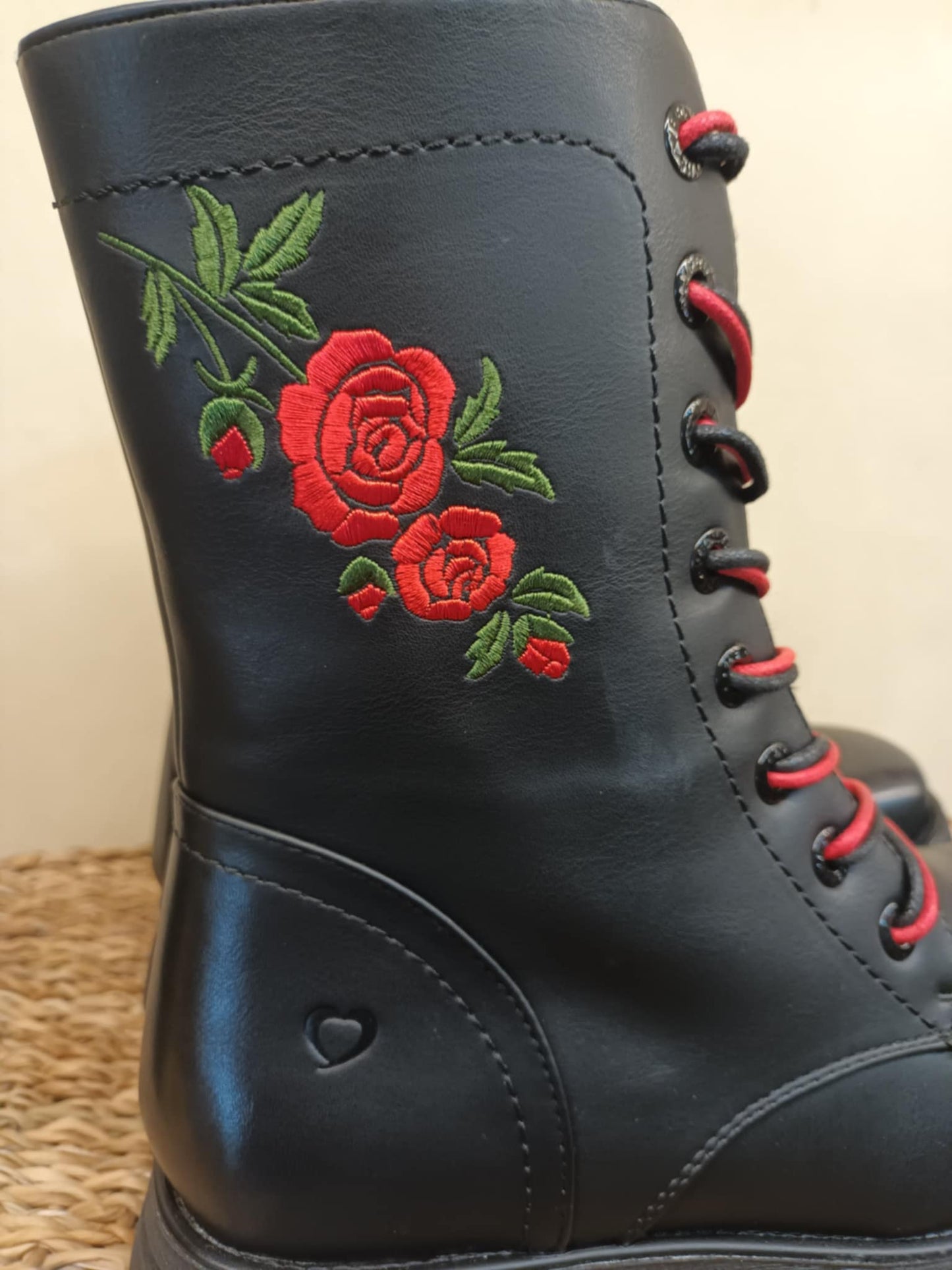 THE 'SASSY' BEAUTIFUL CLASSIC BLACK ROSE EMBROIDERED SUPER COMFORT LACE UP/ZIP BOOT 100% VEGAN