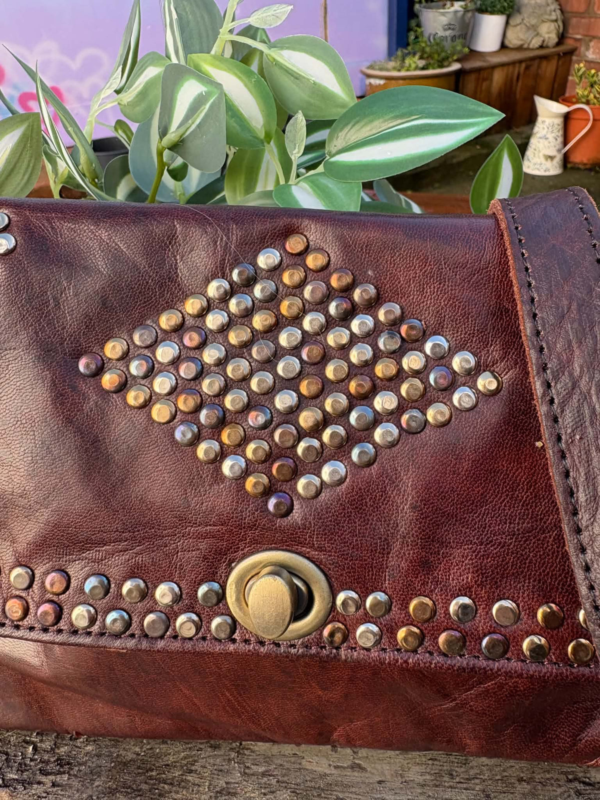 THE 'MARRAKECH' EXQUISITE 100% LEATHER HANDCRAFTED RICHLY STUDDED MOROCCAN HANDBAG IN CHOCOLATE BROWN