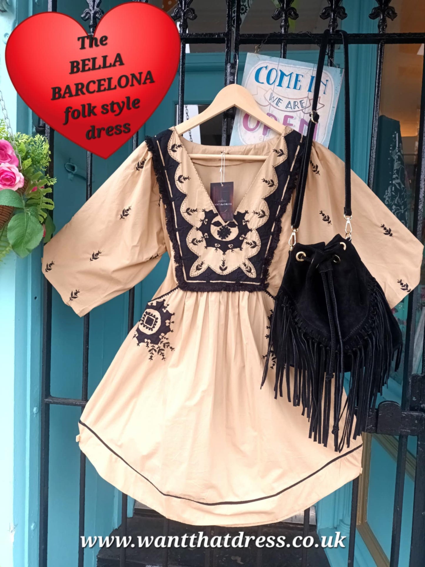 THE 'BELLA BARCELONA' BEAUTIFUL FOLK STYLE POCKET FRONT DRESS WITH STUNNING FRINGE AND EMBROIDERED DETAIL
