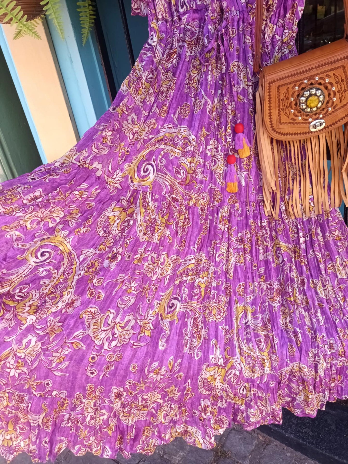 'ELEANOR' STUNNING PLISSE ANGEL SLEEVE MAGIC DRESS WITH SWISHY HEM AND TASSEL DETAIL MAGENTA PRINT