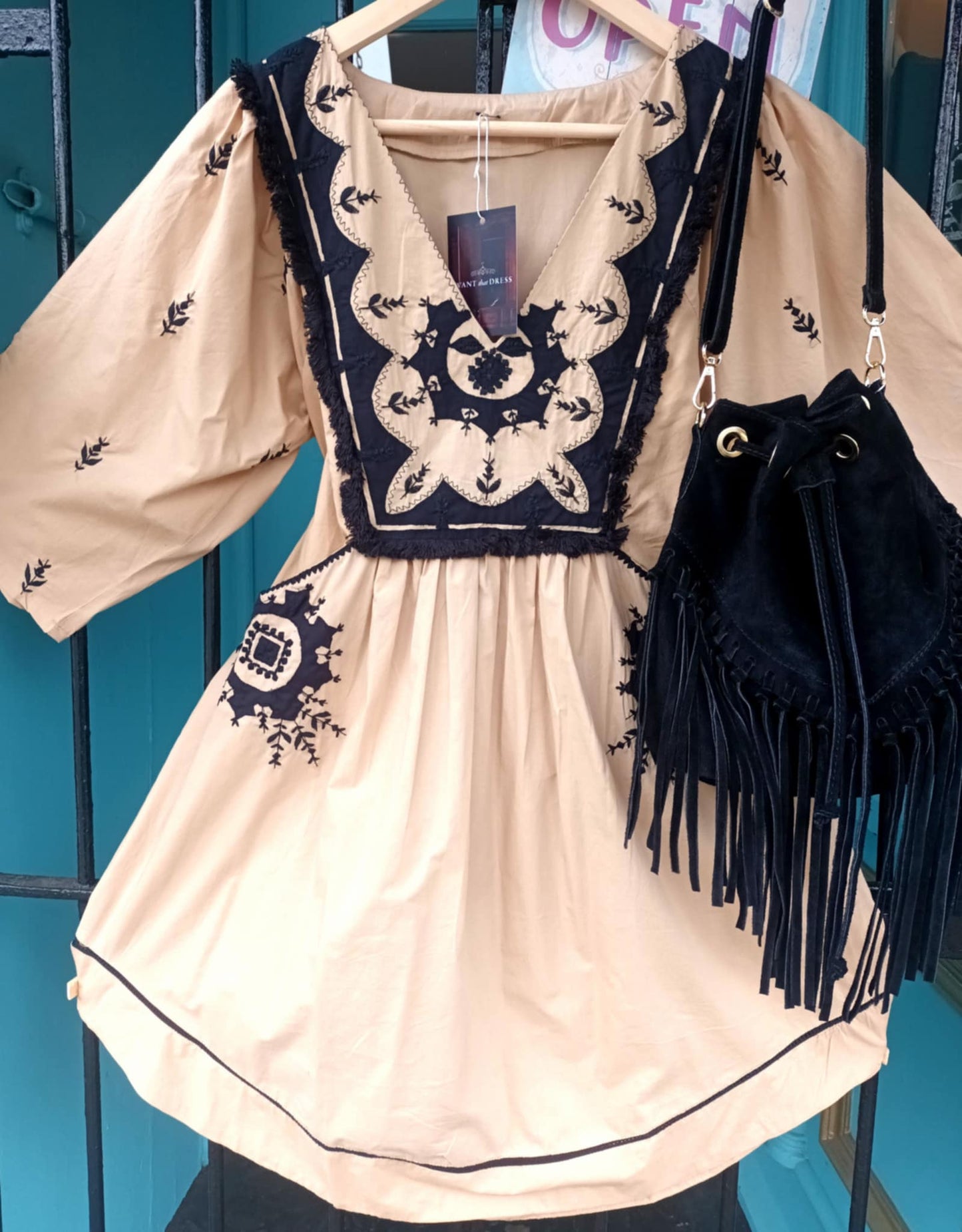 THE 'BELLA BARCELONA' BEAUTIFUL FOLK STYLE POCKET FRONT DRESS WITH STUNNING FRINGE AND EMBROIDERED DETAIL