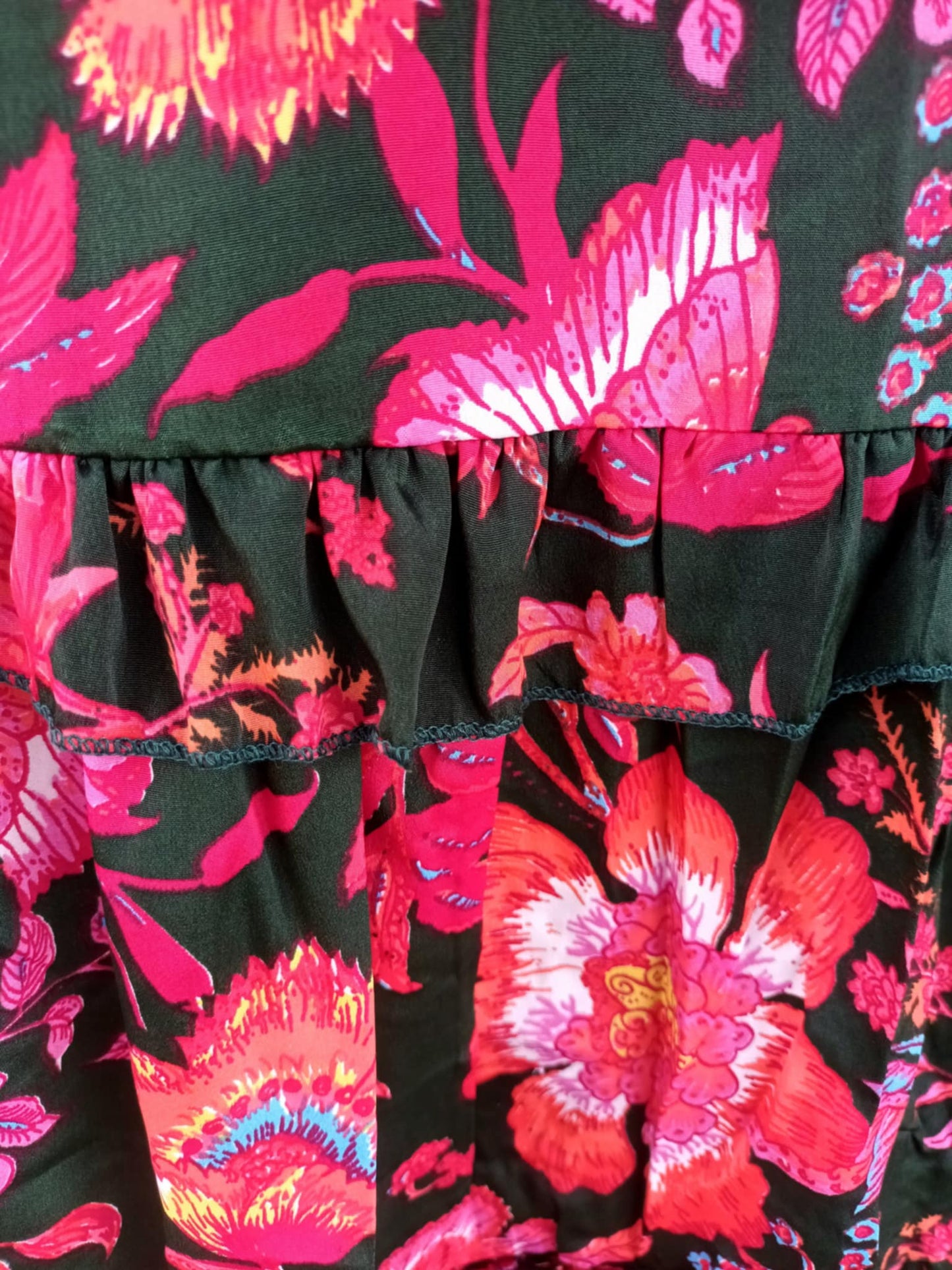 THE 'ALHAMBRA SUNSET' BREATHTAKING VIBRANT BOTANICAL PRINT FRILL HEM DRESS FROM OUR EXCLUSIVE SPANISH COLLECTION