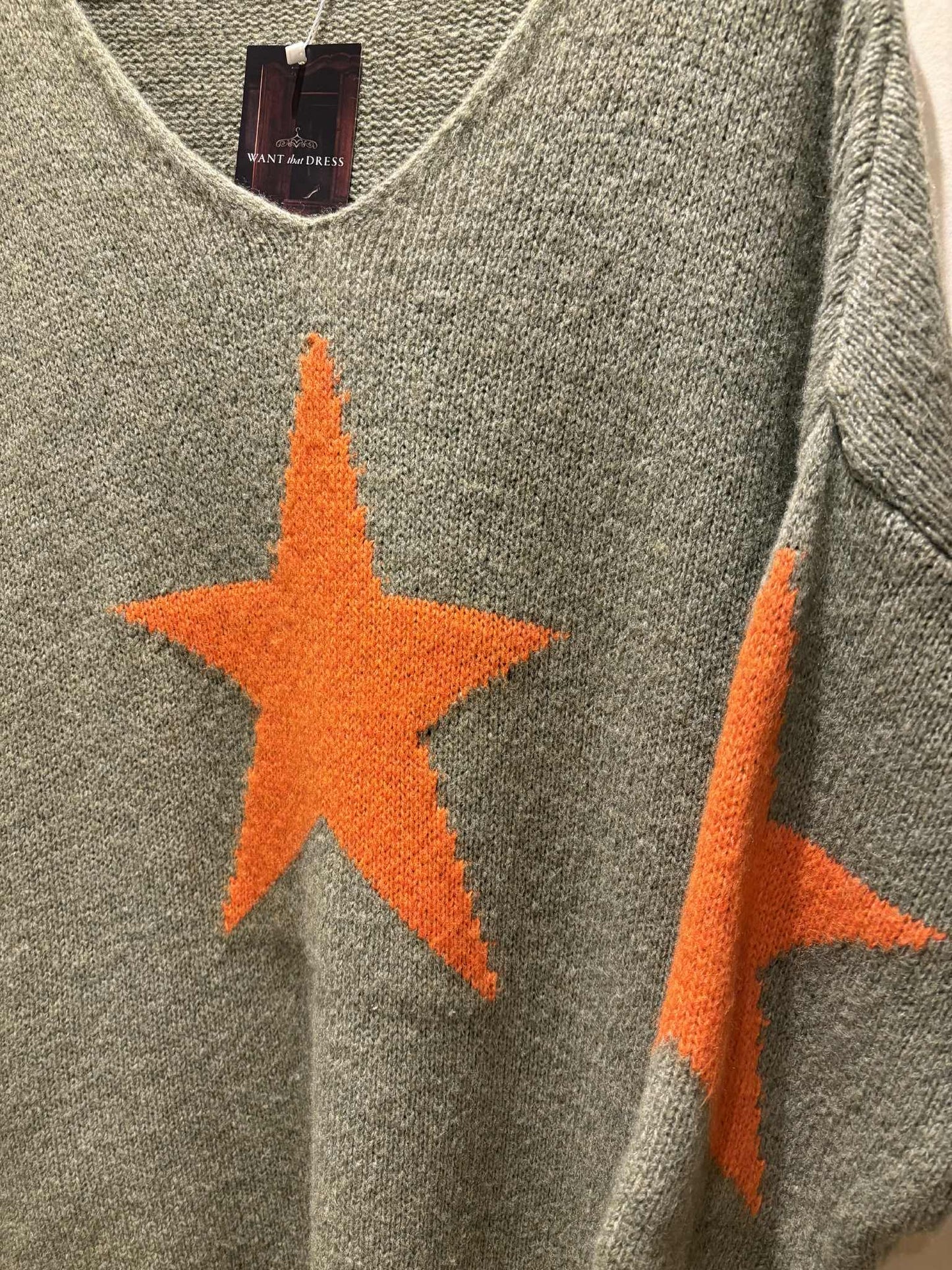 THE 'STARMAN' BEAUTIFUL ASYMMETRIC SNUGGLE JUMPER IN OLIVE GREEN AND ZINGY ORANGE