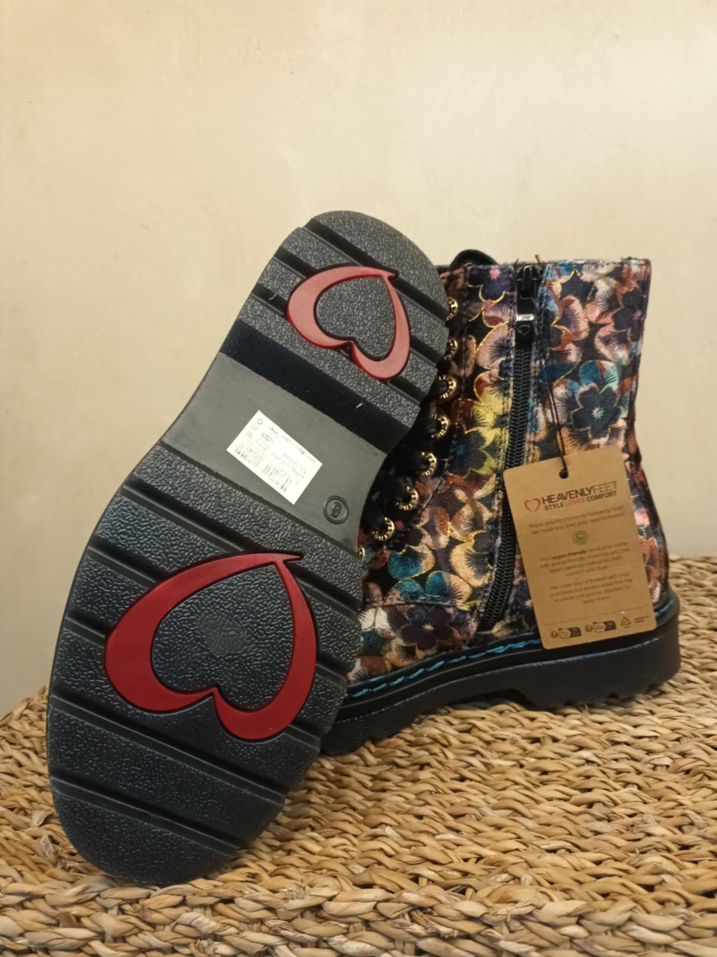 THE 'PANSY' STUNNING MULTI PANSY PATTERN LACE UP SUPER COMFORT LACE UP/ZIP BOOTS VEGAN FRIENDLY