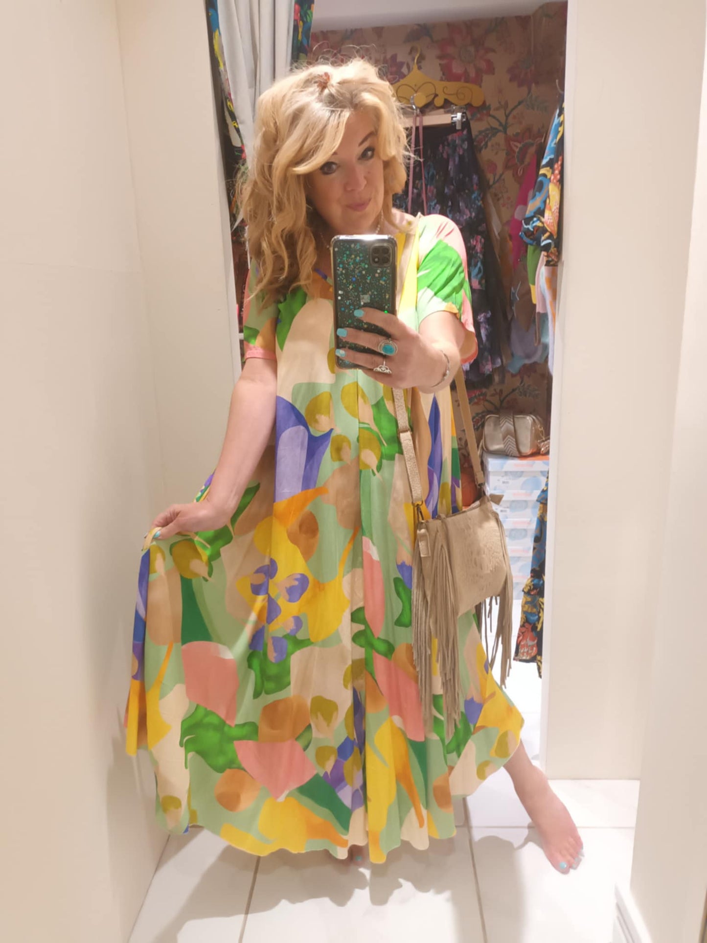THE 'SUNNY DAZE' FIT AND FLARE V NECK DRESS WITH SUPER SWISHY SKIRT GREEN MIX or PINK MIX