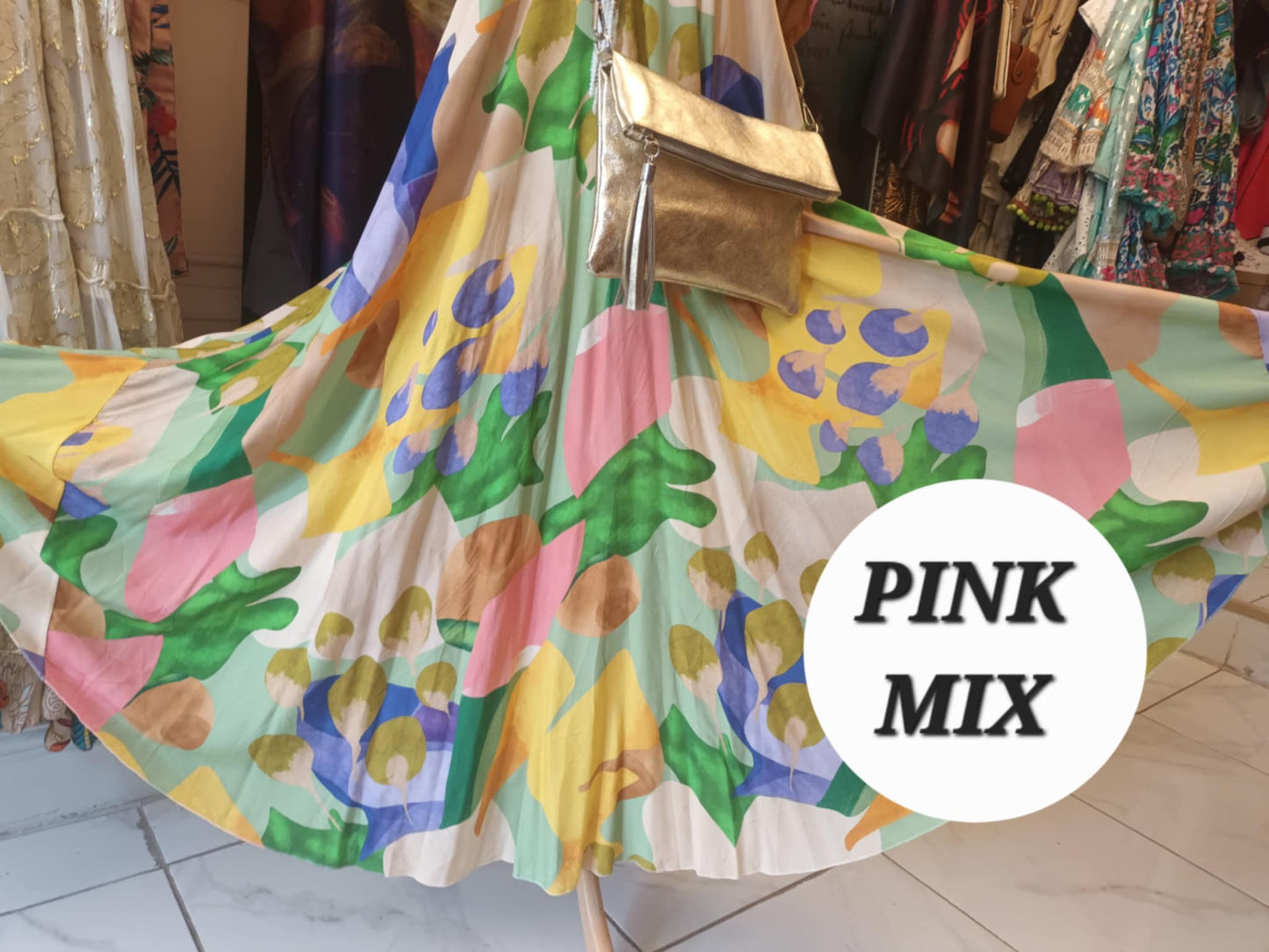 THE 'SUNNY DAZE' FIT AND FLARE V NECK DRESS WITH SUPER SWISHY SKIRT GREEN MIX or PINK MIX