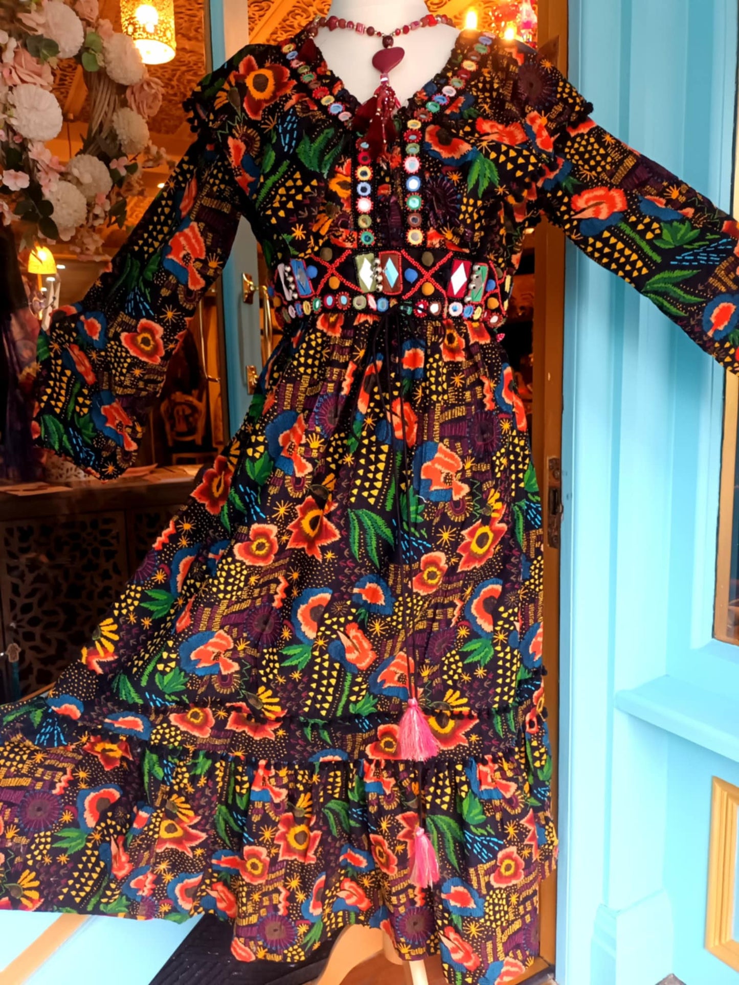 THE 'MYLA' EXQUISITE QUALITY RICHLY EMBELLISHED FRILL BODICE MIDI DRESS FROM OUR EXCLUSIVE SPANISH COLLECTION