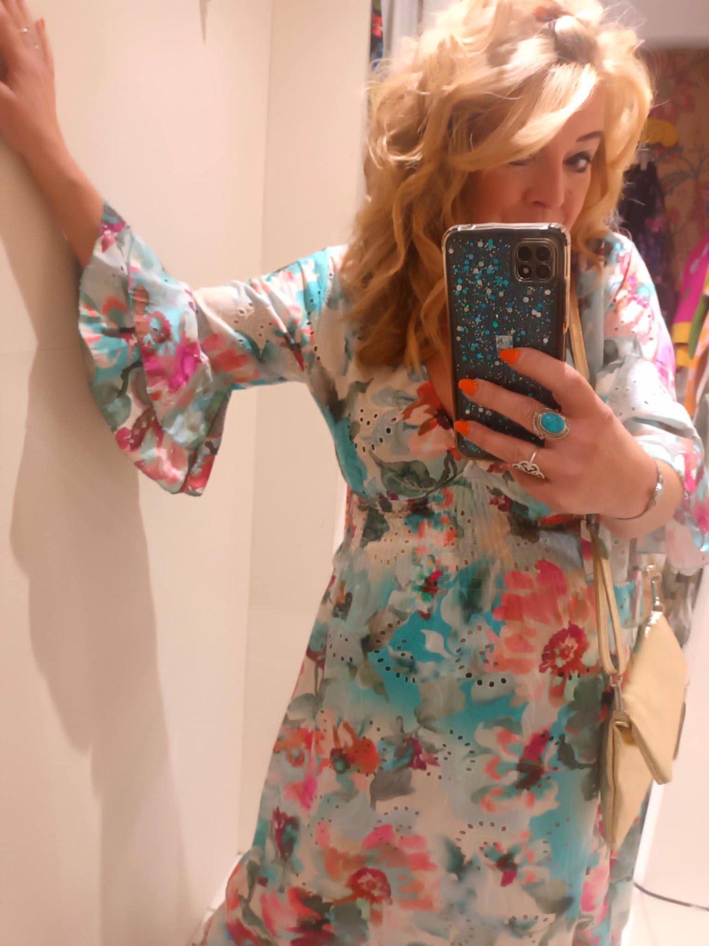 THE 'MEADOW' 100% COTTON BRODERIE ANGLAISE WATERCOLOUR FLORAL PRINT DRESS AQUA OR PINK