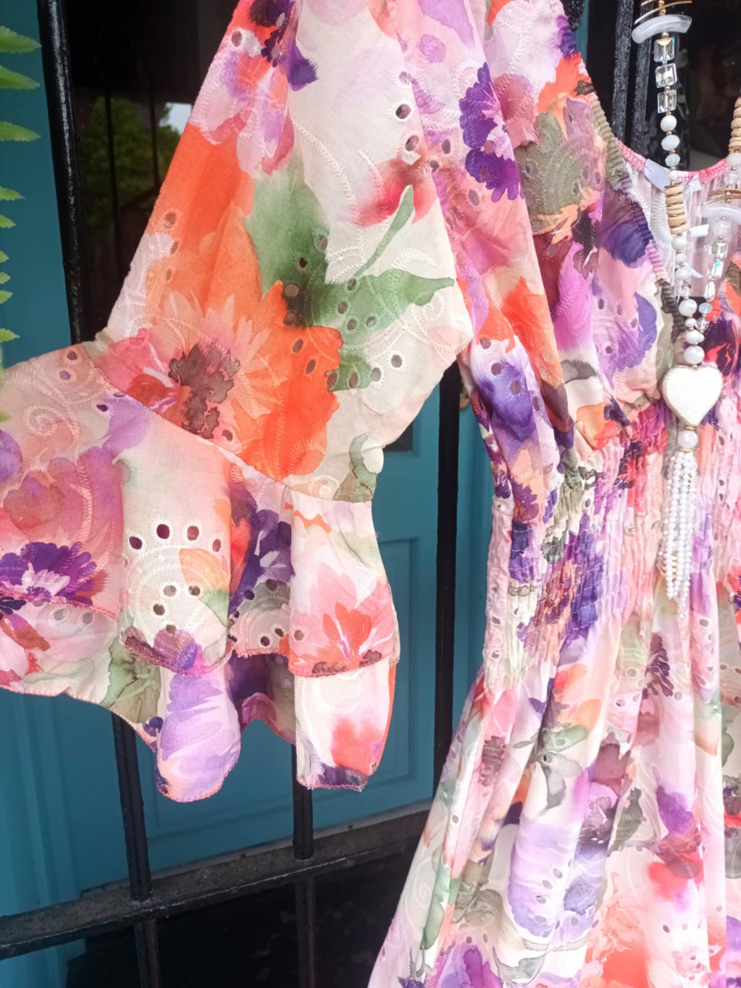 THE 'MEADOW' 100% COTTON BRODERIE ANGLAISE WATERCOLOUR FLORAL PRINT DRESS AQUA OR PINK