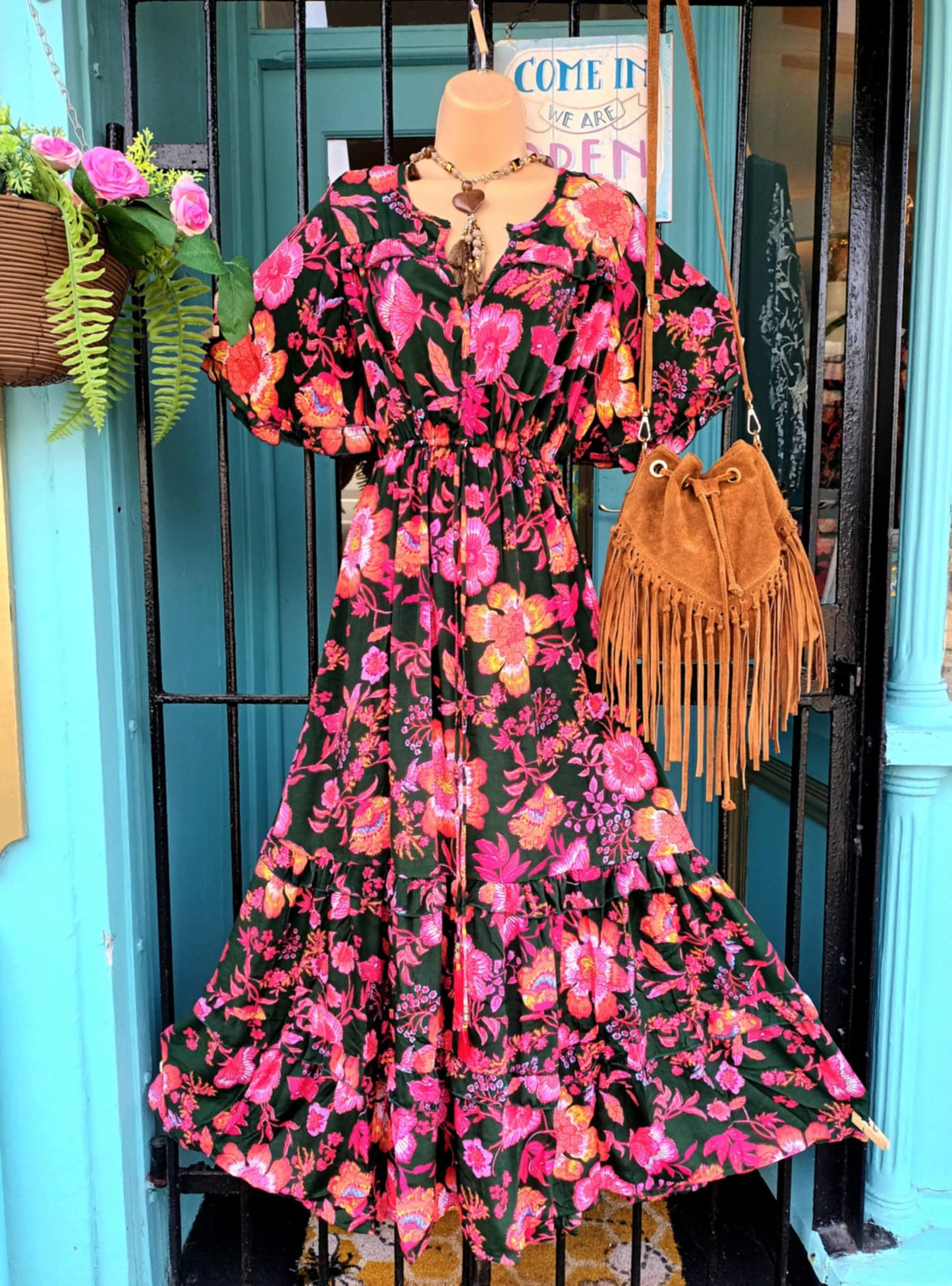 THE 'ALHAMBRA SUNSET' BREATHTAKING VIBRANT BOTANICAL PRINT FRILL HEM DRESS FROM OUR EXCLUSIVE SPANISH COLLECTION