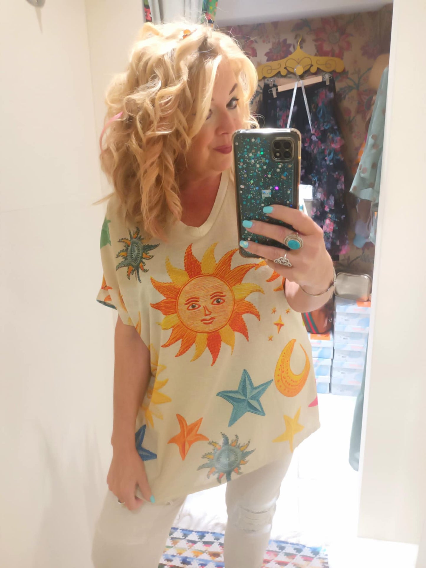 THE CELESTIAL SHIMMER' LIGHTWEIGHT CELESTIAL PRINT TOP WITH A SUBTLE GOLD SHIMMER