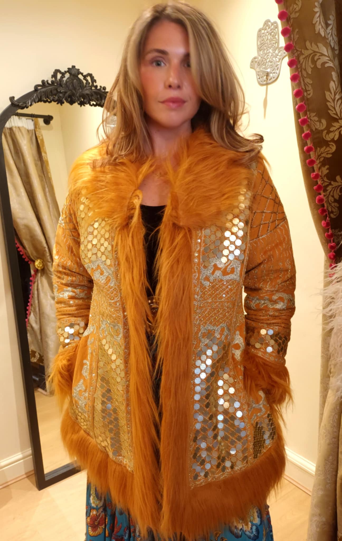 THE 'ELKIE' BREATHTAKING RICHLY EMBELLISHED FAUX FUR 70'S STYLE AFGHAN COAT IN SAFFRON FROM OUR EXCLUSIVE SPANISH RANGE