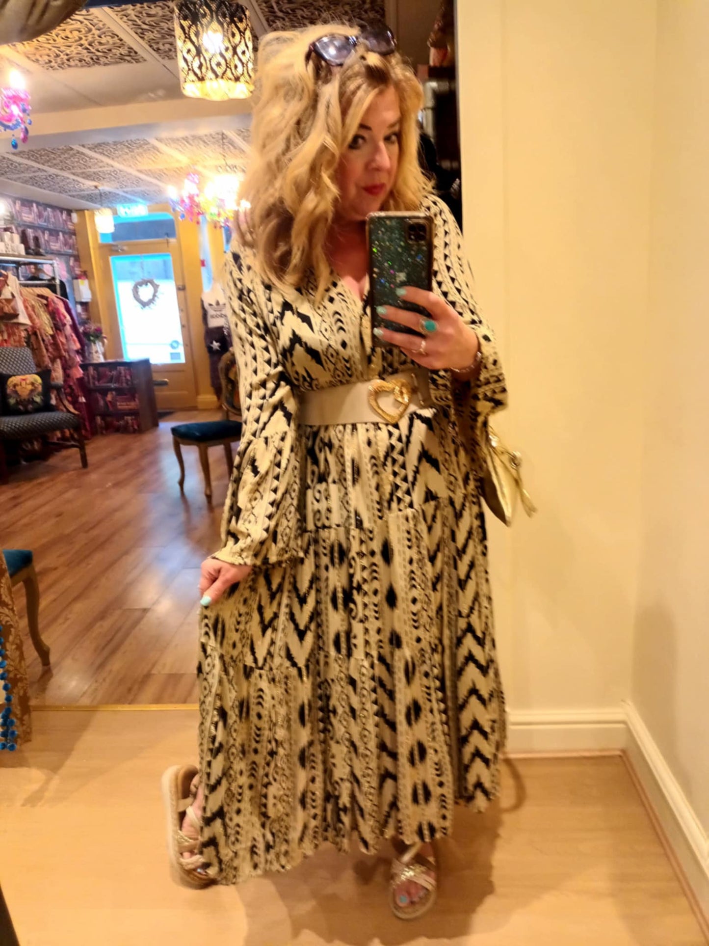 THE 'IKAT' ELEGANT AND FLOATY ETHNIC PRINT BUTTON THROUGH DRESS WITH ACCENTS OF GOLD