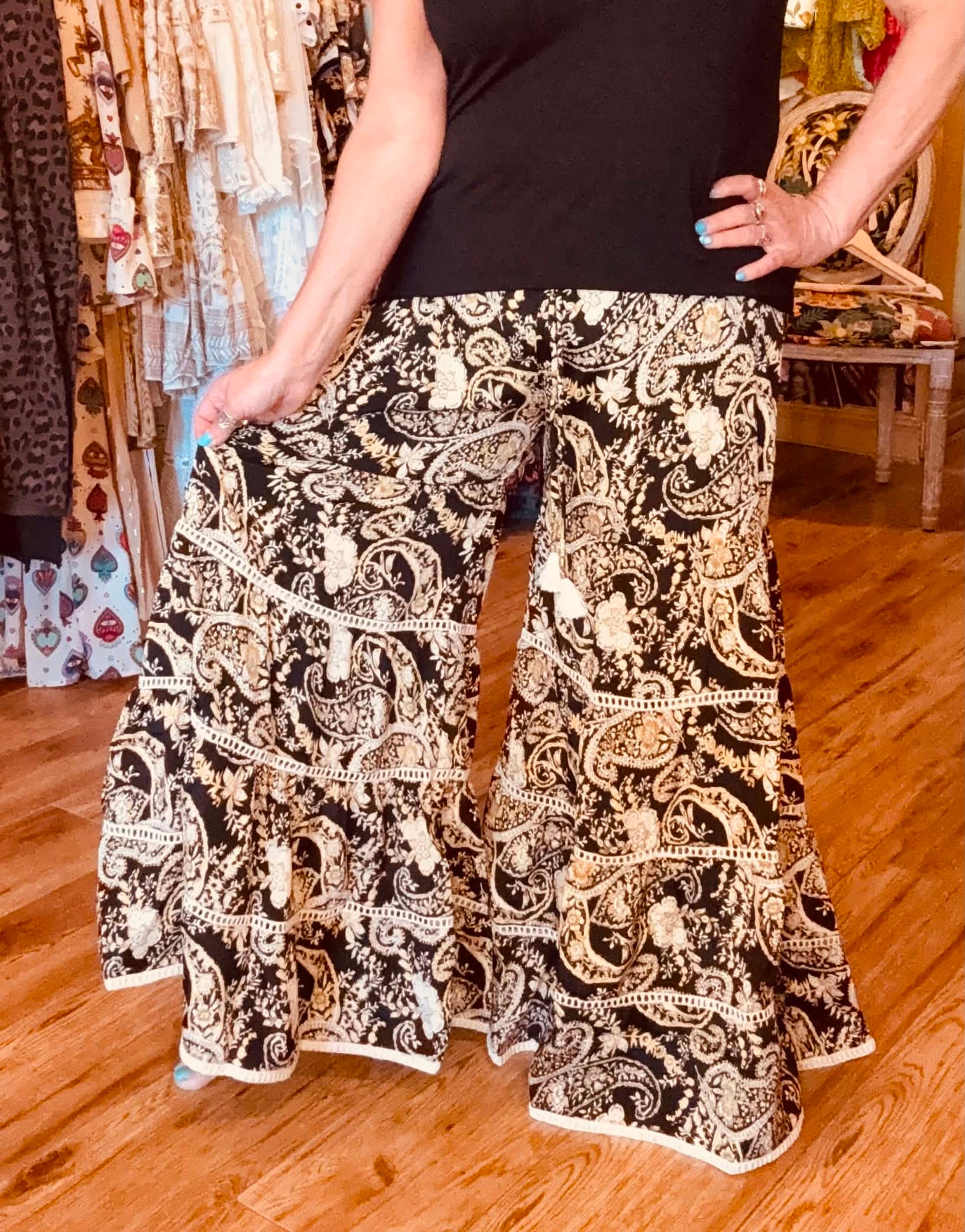 THE 'FIESTA' FABULOUS EMBELLISHED BELL BOTTOM BOHEMIAN FLARED TROUSERS FROM OUR EXCLUSIVE SPANISH COLLECTION