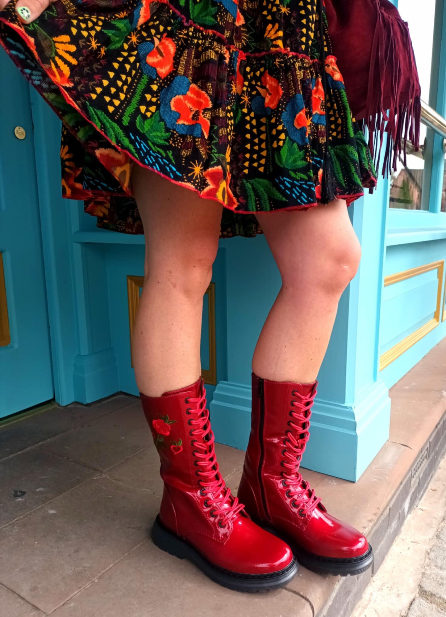 THE 'ROSA' STUNNING SCARLET FLORAL EMBROIDERED LACE UP SUPER COMFORT BOOTS VEGAN FRIENDLY