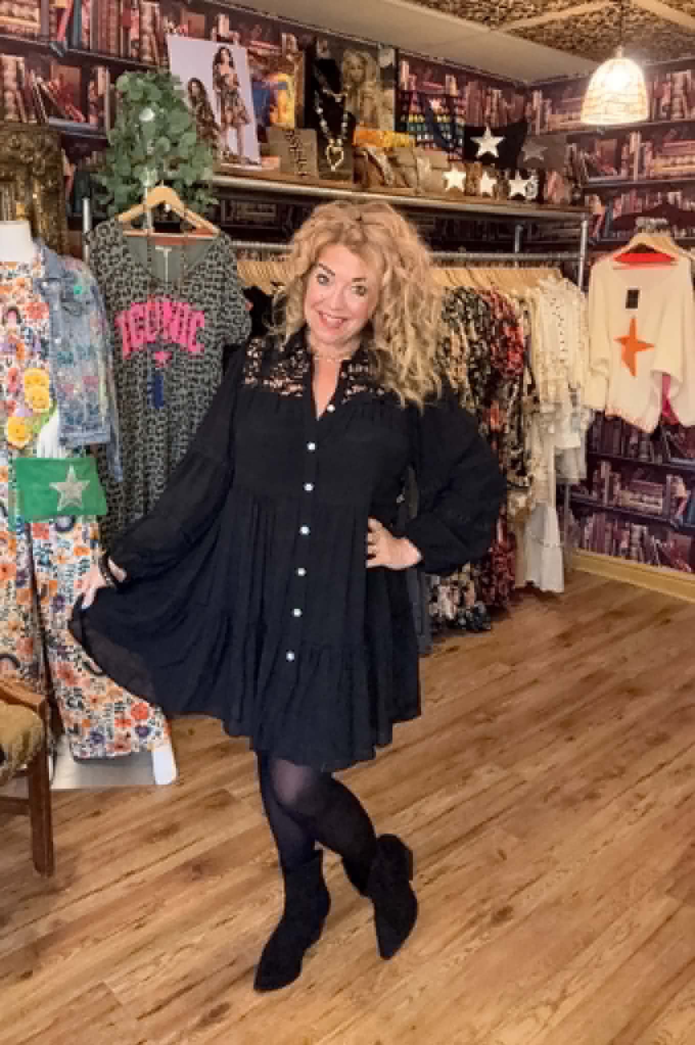 THE 'LOTTIE' BEAUTIFUL BOHEMIAN BUTTON THROUGH CROCHET DETAIL FLIPPY SHIRT DRESS BLACK