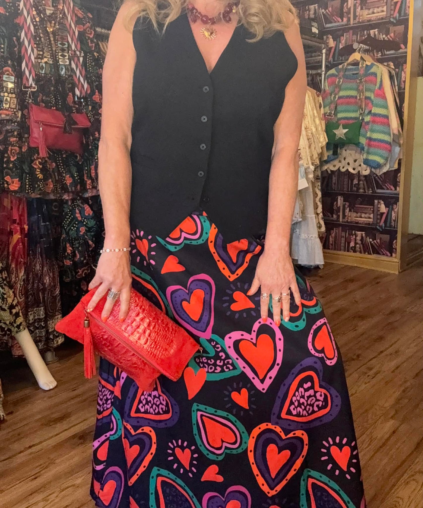 THE 'HEARTBREAKER' STUNNING RETRO HEART PRINT LIGHTWEIGHT MAXI SKIRT WITH ELASTICATED WAIST