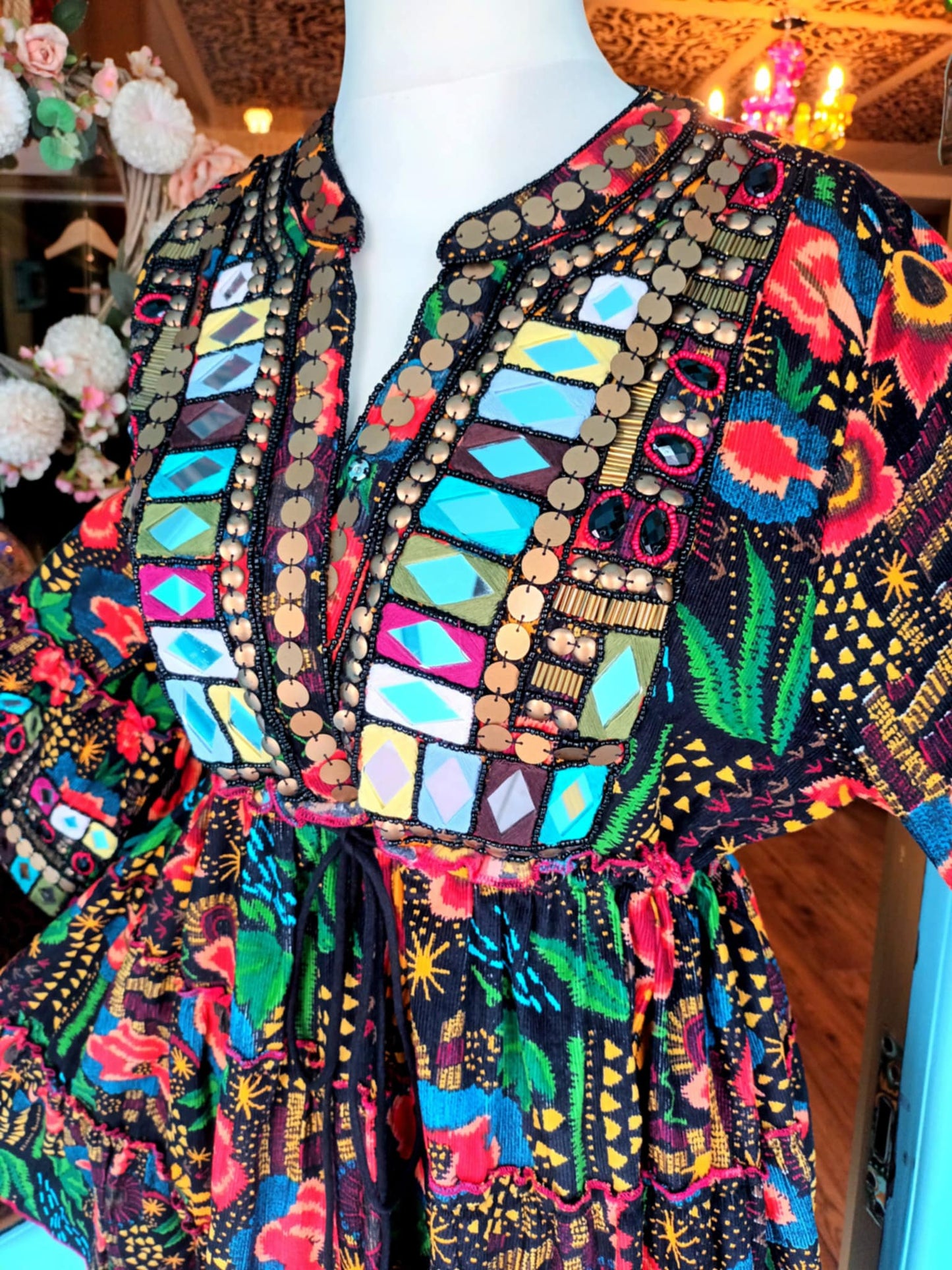 THE 'LYLA' EXQUISITE QUALITY RICHLY EMBELLISHED BELL SLEEVE NEEDLECORD DRESS FROM OUR EXCLUSIVE SPANISH RANGE