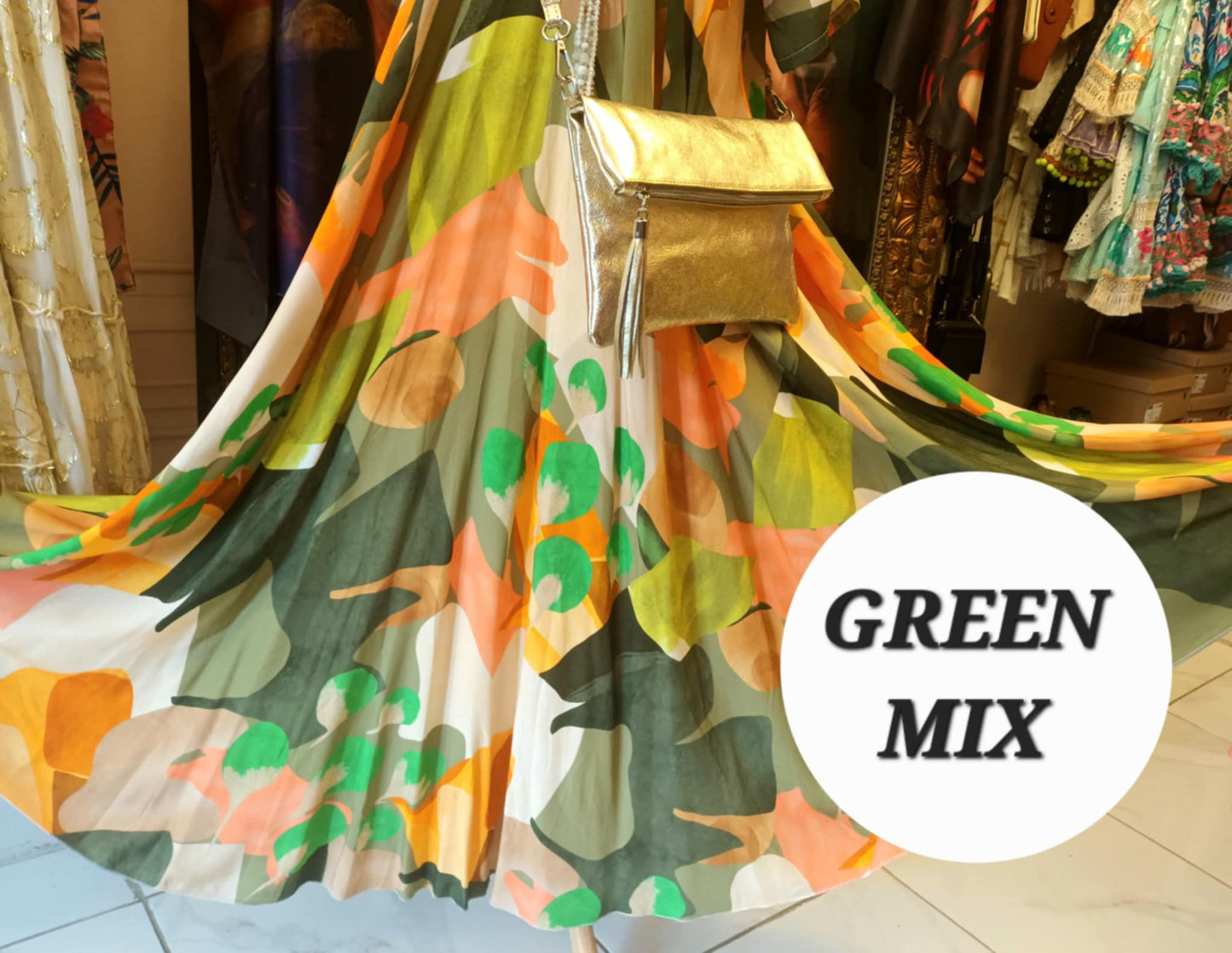 THE 'SUNNY DAZE' FIT AND FLARE V NECK DRESS WITH SUPER SWISHY SKIRT GREEN MIX or PINK MIX