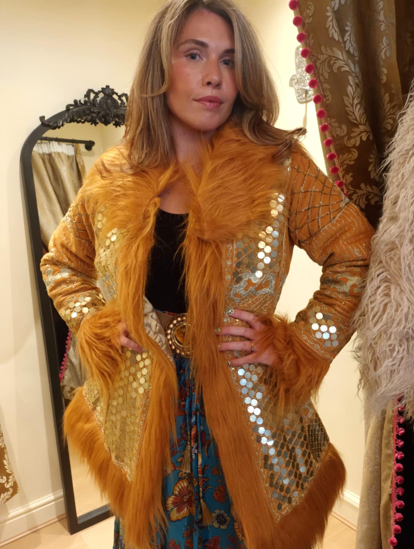 THE 'ELKIE' BREATHTAKING RICHLY EMBELLISHED FAUX FUR 70'S STYLE AFGHAN COAT IN SAFFRON FROM OUR EXCLUSIVE SPANISH RANGE