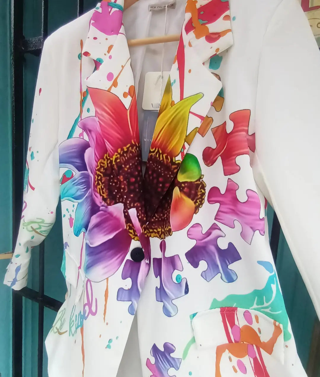 'RAINBOW FLOWER' BRIGHT AND BEAUTIFUL SCRIPT AND FLORAL PRINT STATEMENT BLAZER