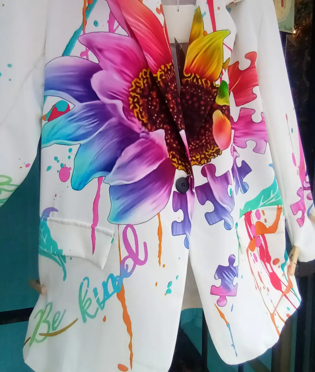 'RAINBOW FLOWER' BRIGHT AND BEAUTIFUL SCRIPT AND FLORAL PRINT STATEMENT BLAZER