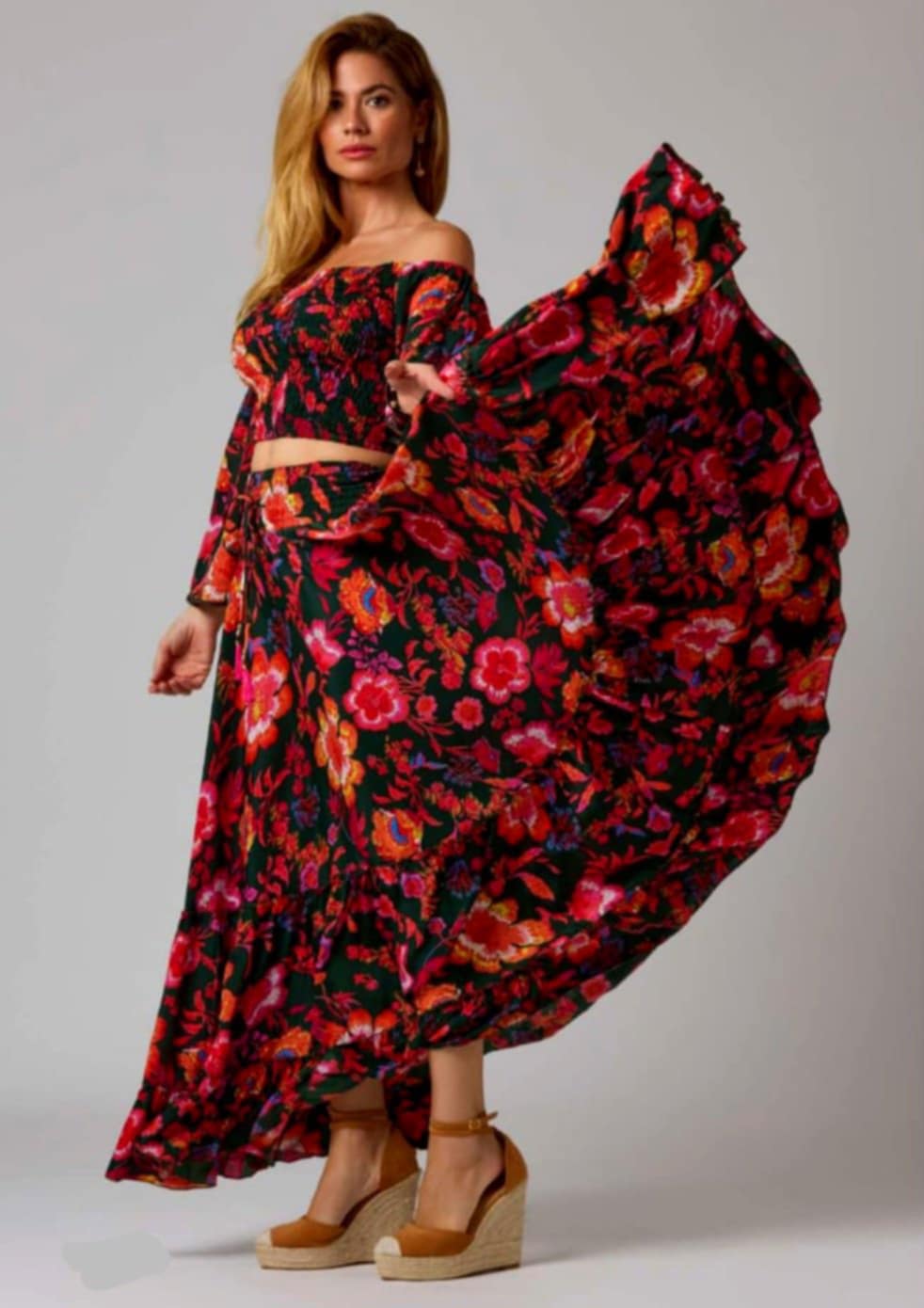 THE MARISOL TWO PIECE SUIT WITH ANGEL SLEEVES AND FULL CIRCLE SKIRT FROM OUR EXCLUSIVE SPANISH COLLECTION