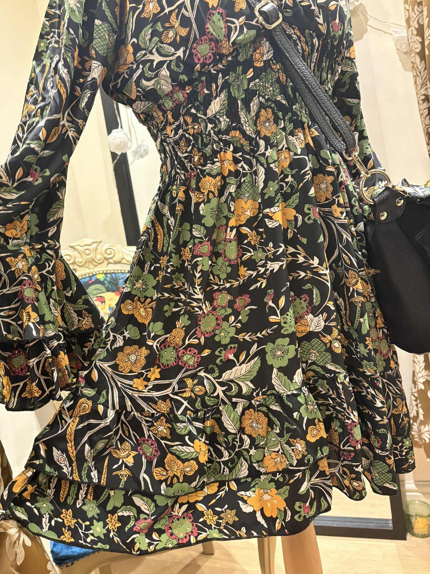 THE 'MARGARITA' BEAUTIFUL BIRD PRINT FLIPPY HEM HOURGLASS DRESS WITH BELL SLEEVES FROM OUR EXCLUSIVE SPANISH COLLECTION