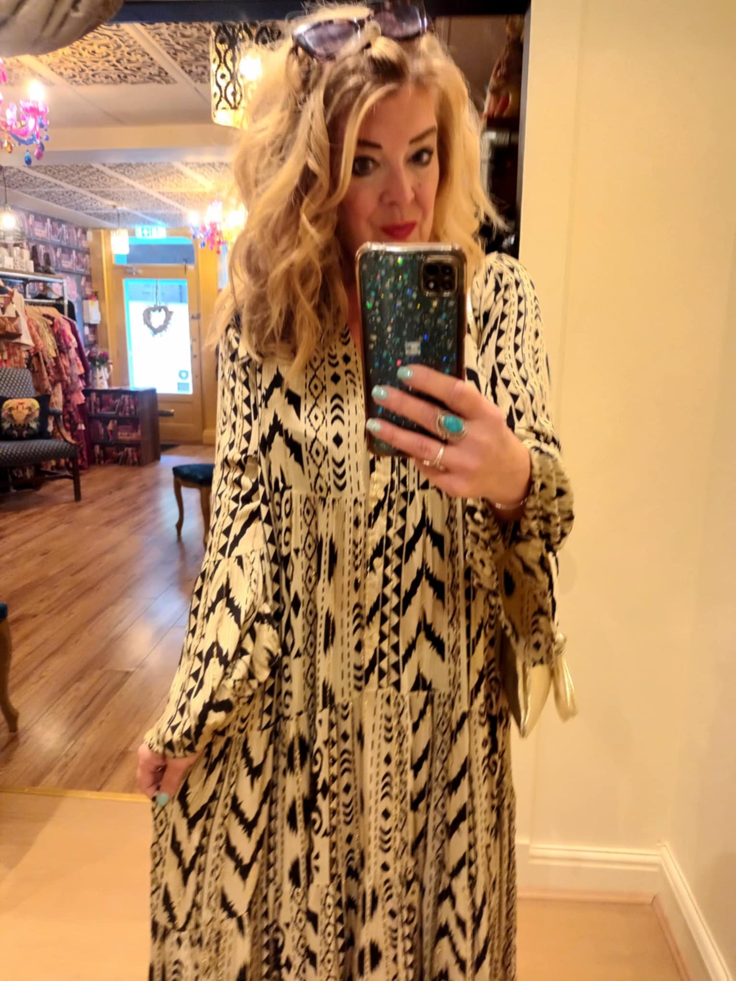 THE 'IKAT' ELEGANT AND FLOATY ETHNIC PRINT BUTTON THROUGH DRESS WITH ACCENTS OF GOLD