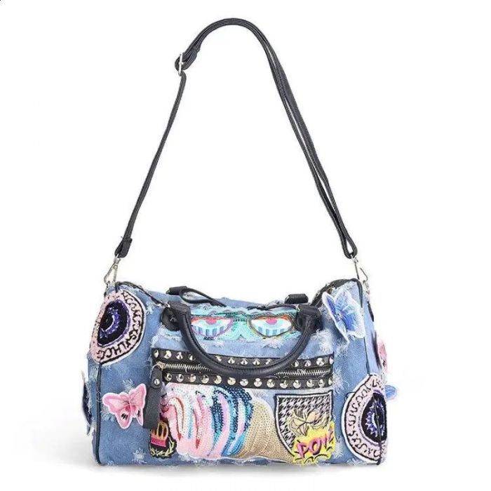 THE 'URBAN MISS' FABULOUS DISTRESSED DENIM LARGE HANDBAG WITH QUIRKY PATCH AND STUDDED DETAIL