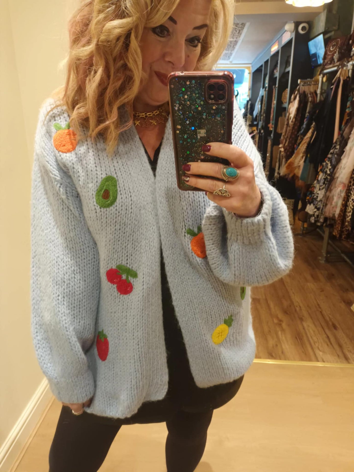 THE 'FEELING FRUITY' FABULOUSLY COSY EMBROIDERED SNUGGLE CARDIGAN IN SAGE GREEN OR POWDER BLUE