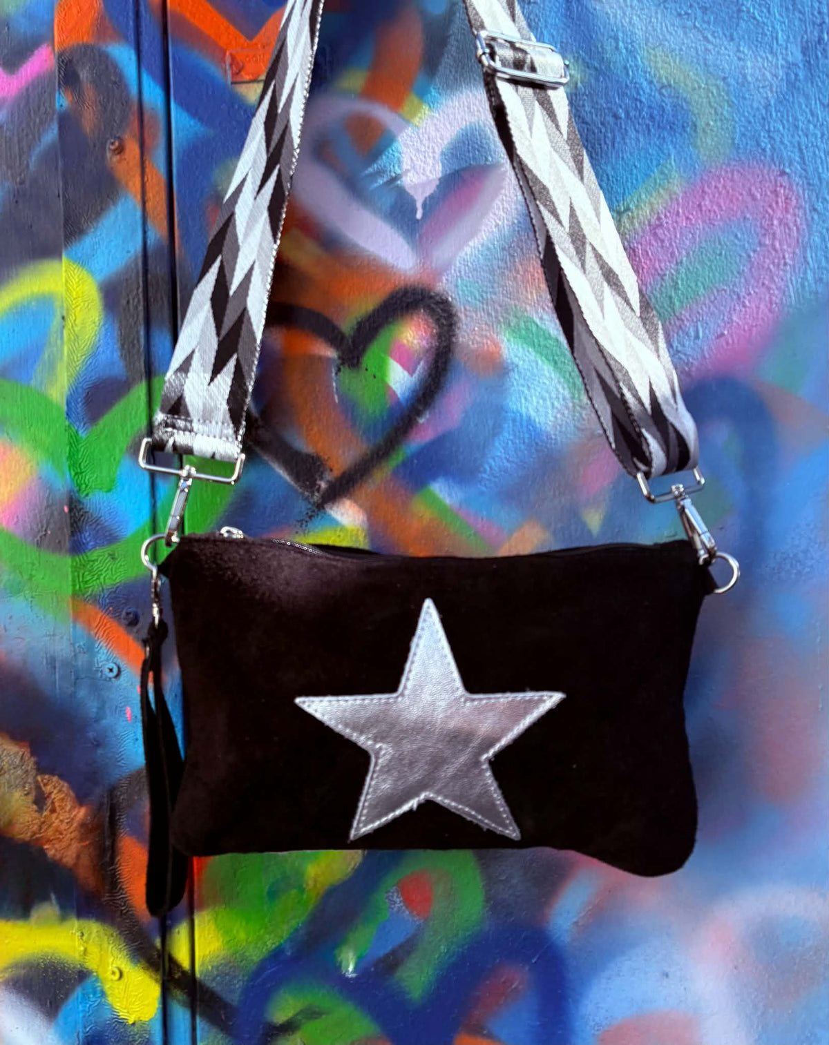 SUPERSTAR ROCK CHICK 3 WAY BAG 100% ITALIAN SUEDE LEATHER BLACK WITH HARLEQUIN STRAP
