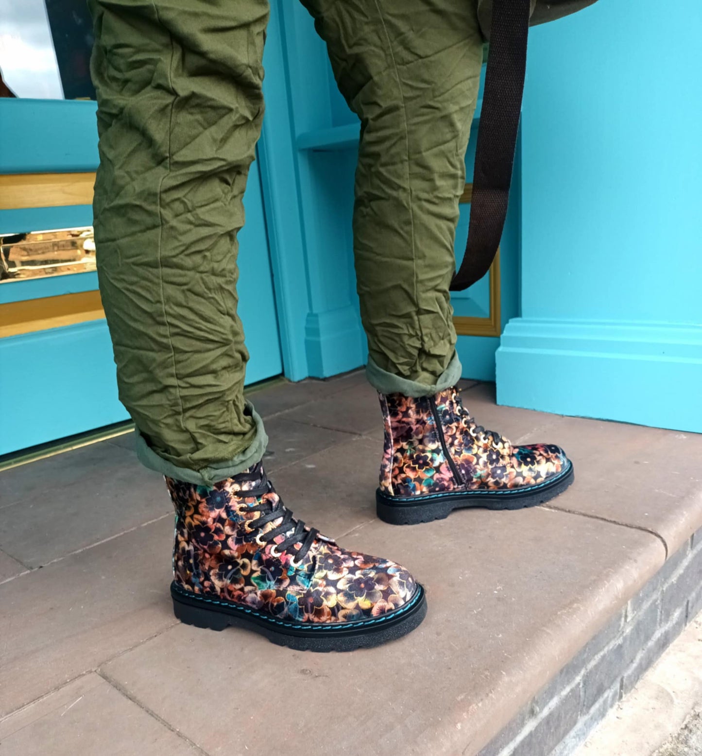 THE 'PANSY' STUNNING MULTI PANSY PATTERN LACE UP SUPER COMFORT LACE UP/ZIP BOOTS VEGAN FRIENDLY