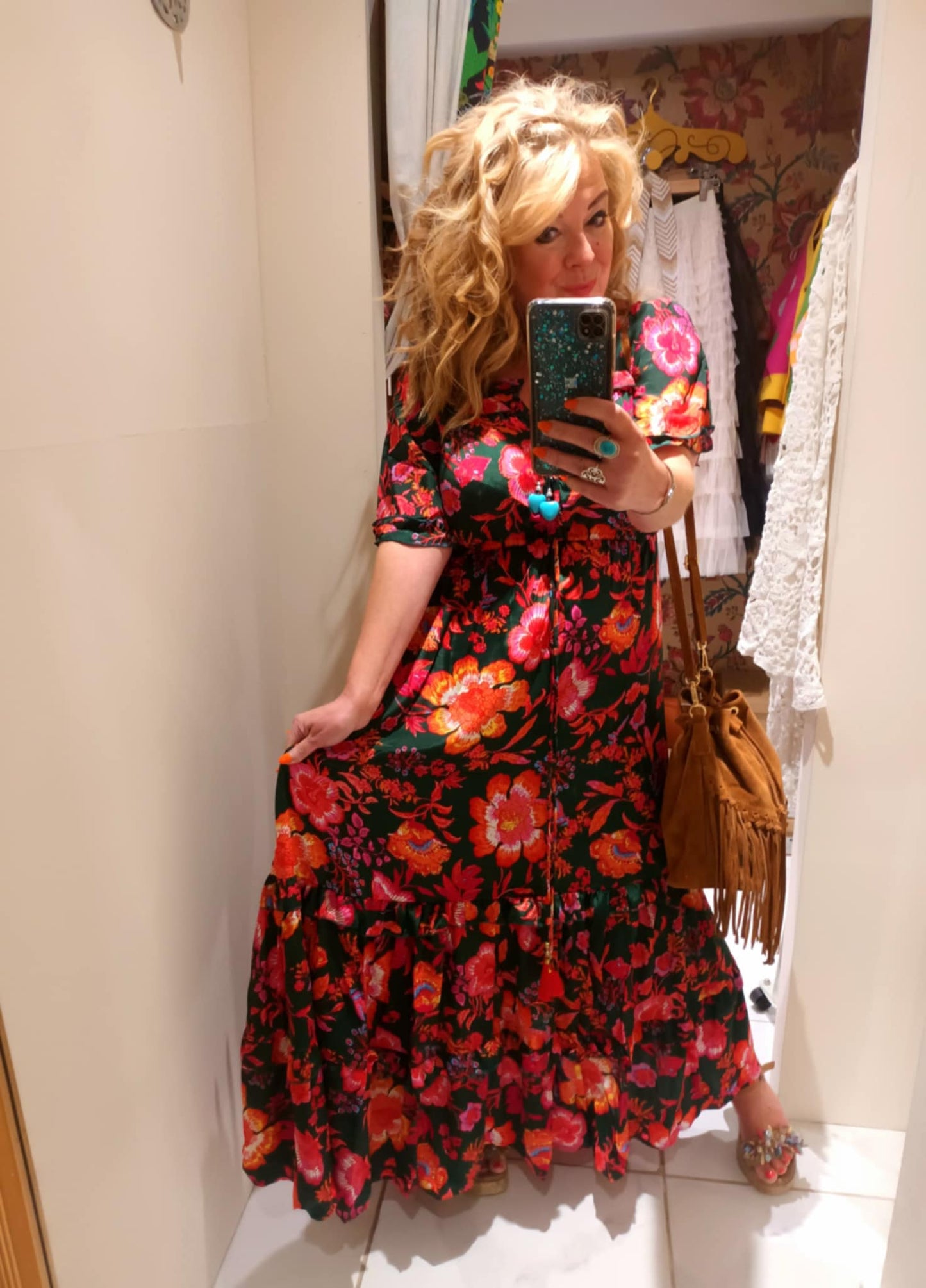 THE 'ALHAMBRA SUNSET' BREATHTAKING VIBRANT BOTANICAL PRINT FRILL HEM DRESS FROM OUR EXCLUSIVE SPANISH COLLECTION