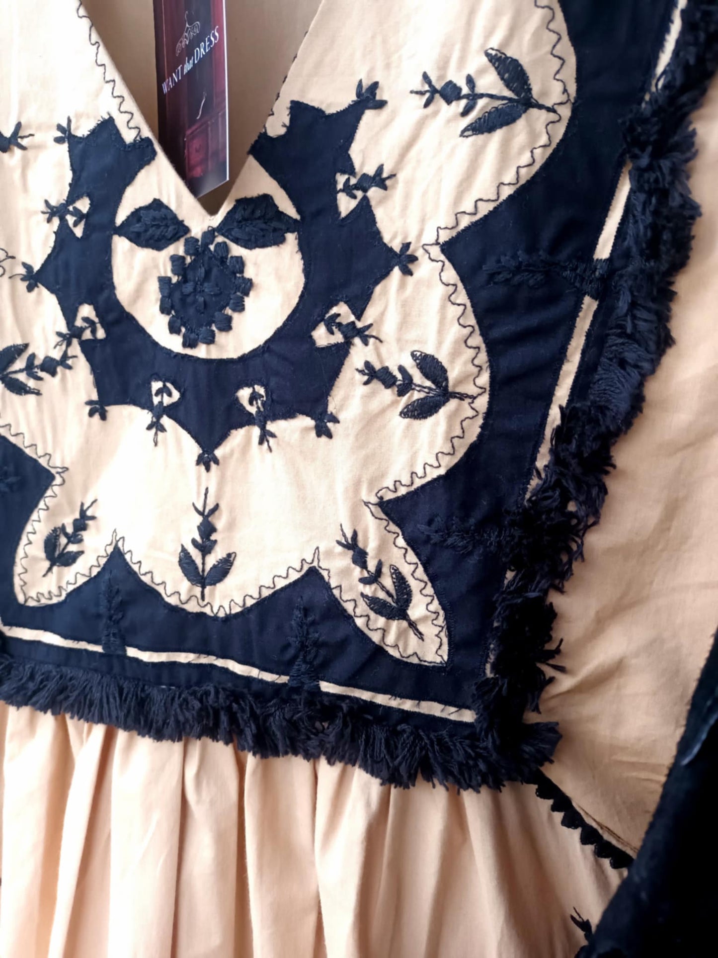 THE 'BELLA BARCELONA' BEAUTIFUL FOLK STYLE POCKET FRONT DRESS WITH STUNNING FRINGE AND EMBROIDERED DETAIL