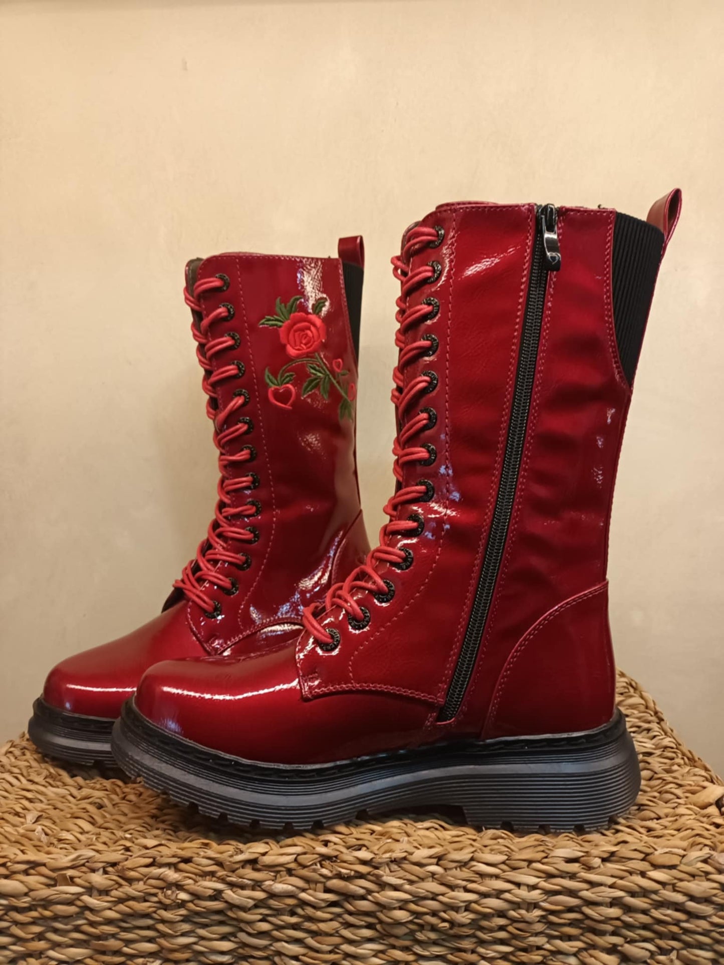THE 'ROSA' STUNNING SCARLET FLORAL EMBROIDERED LACE UP SUPER COMFORT BOOTS VEGAN FRIENDLY