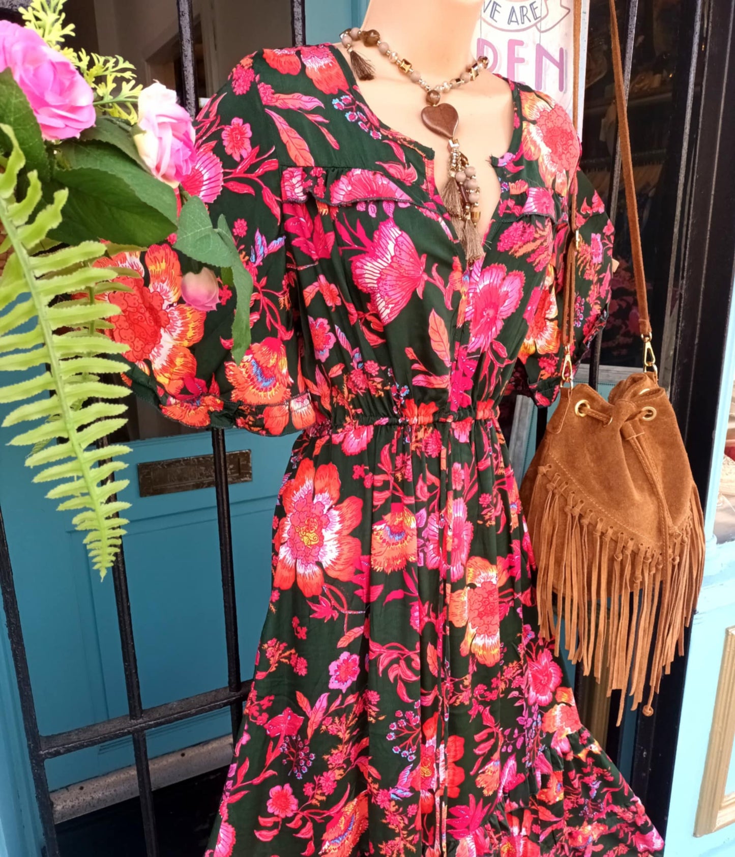 THE 'ALHAMBRA SUNSET' BREATHTAKING VIBRANT BOTANICAL PRINT FRILL HEM DRESS FROM OUR EXCLUSIVE SPANISH COLLECTION