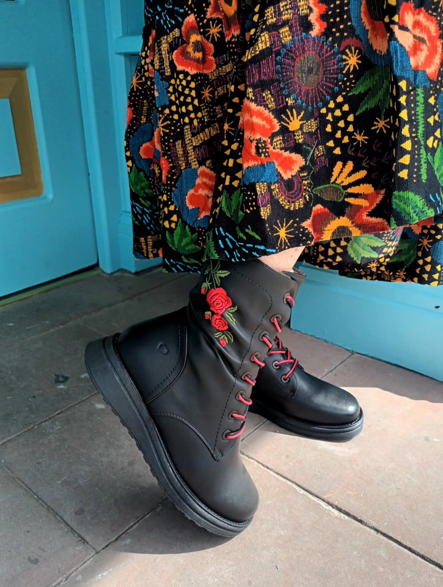 THE 'SASSY' BEAUTIFUL CLASSIC BLACK ROSE EMBROIDERED SUPER COMFORT LACE UP/ZIP BOOT 100% VEGAN