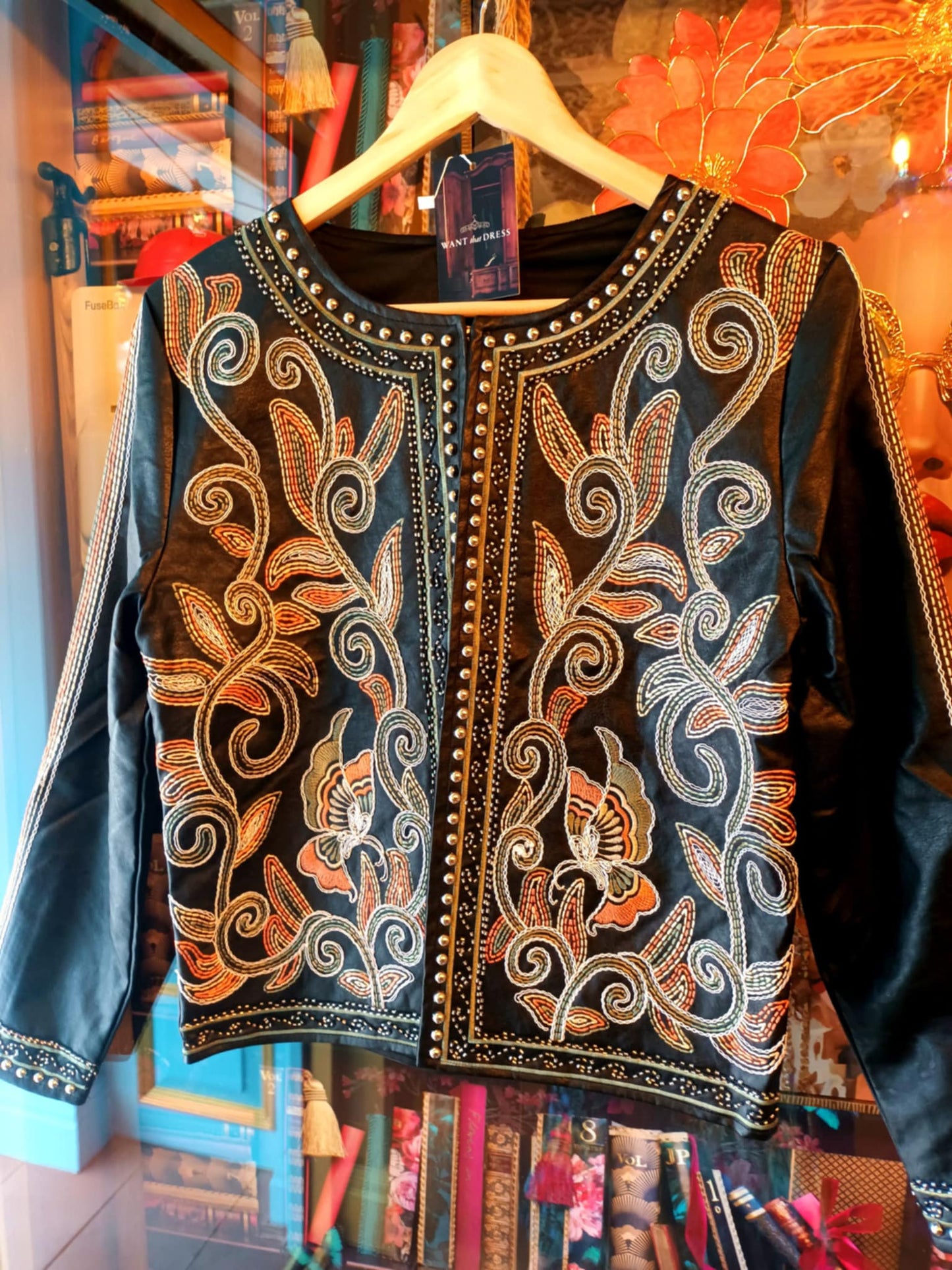 THE 'CLAUDIA' ELEGANT FAUX LEATHER STUDDED AND RICHLY EMBROIDERED JACKET