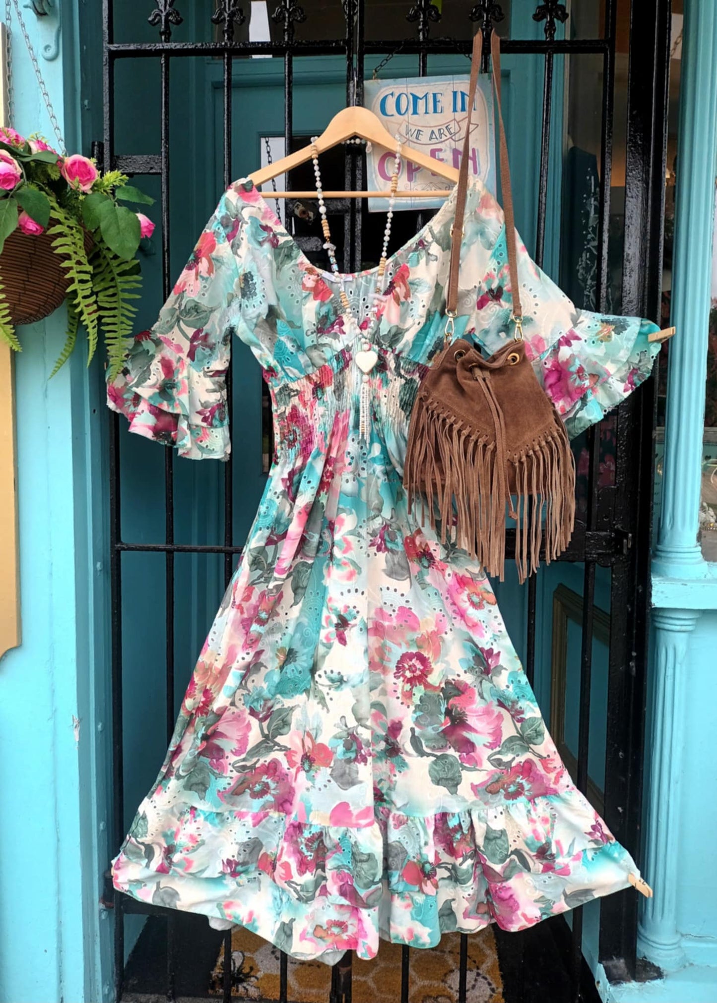 THE 'MEADOW' 100% COTTON BRODERIE ANGLAISE WATERCOLOUR FLORAL PRINT DRESS AQUA OR PINK