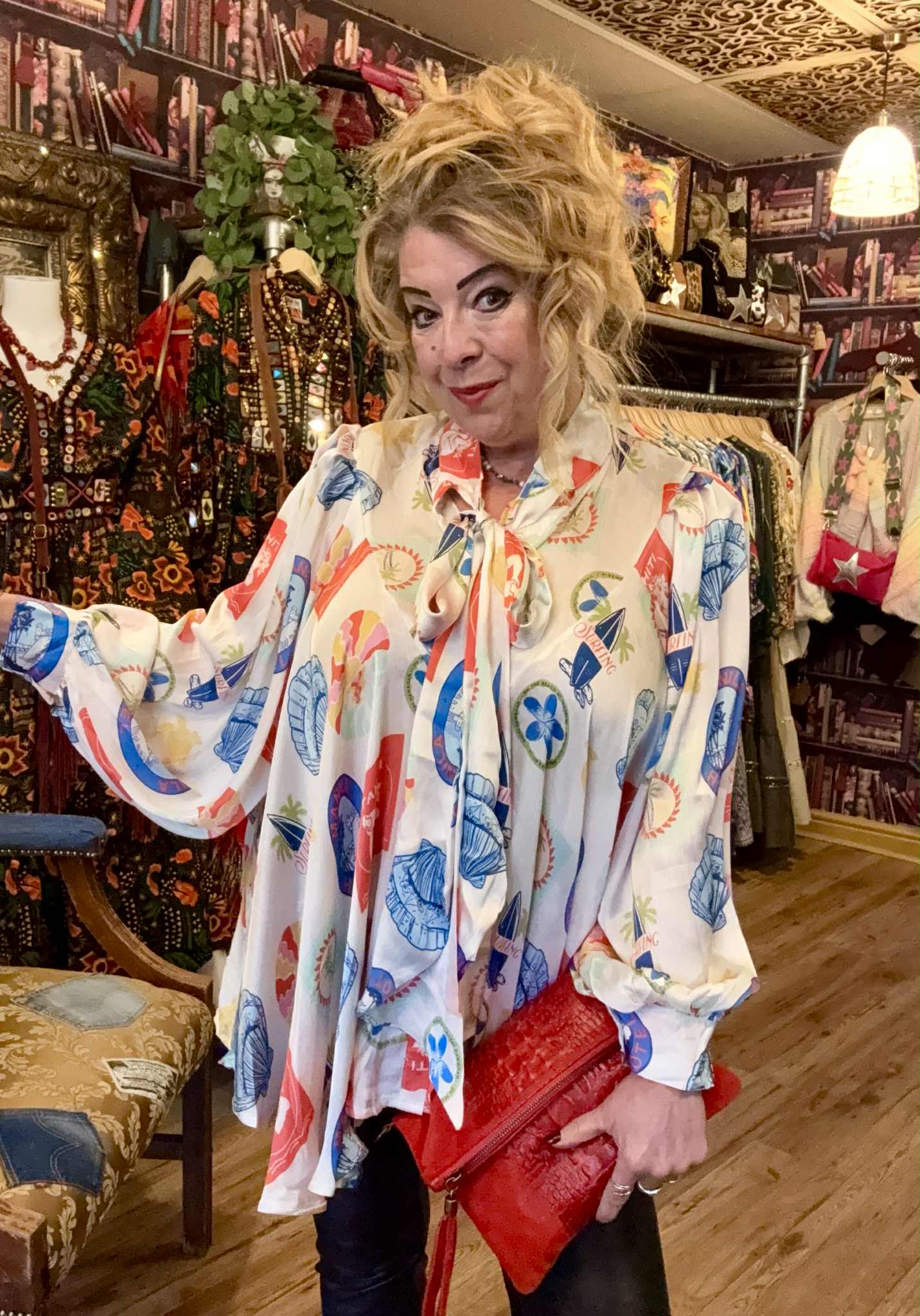 THE 'MANILA' EXQUISITE PUSSY BOW SHIRT IN A QUIRKY LATIN AMERICAN PRINT TWO COLOUR OPTIONS