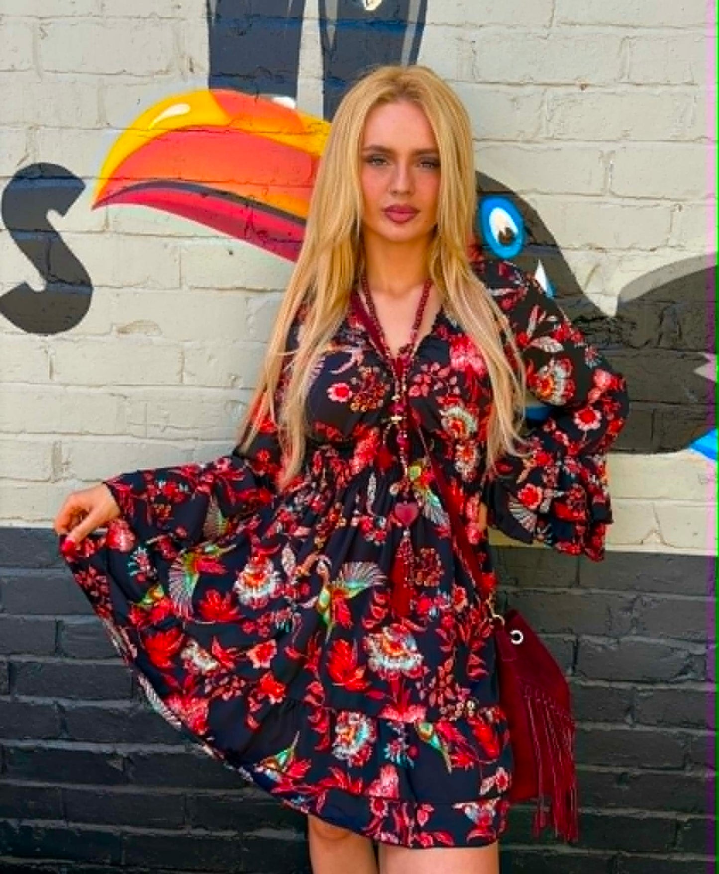 THE 'MARITZA' STUNNING FLOATY BELL SLEEVE DRESS IN A BIRD OF PARADISE PRINT FROM OUR EXCLUSIVE SPANISH COLLECTION