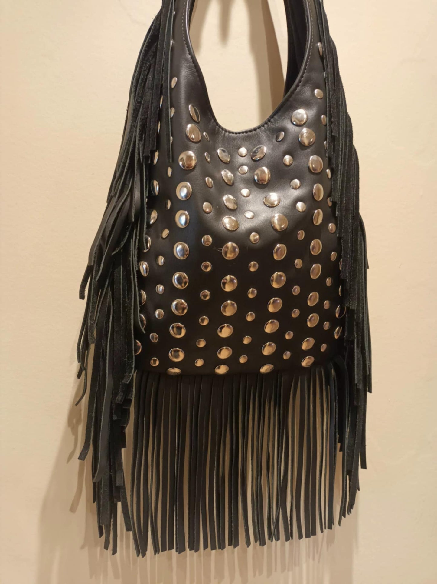 THE 'MEDINA' 100% EXQUISITE SOFT LEATHER FRINGED BAG WITH STUDDED EMBELLISHMENTS HANDMADE IN MARRAKECH TAN OR BLACK