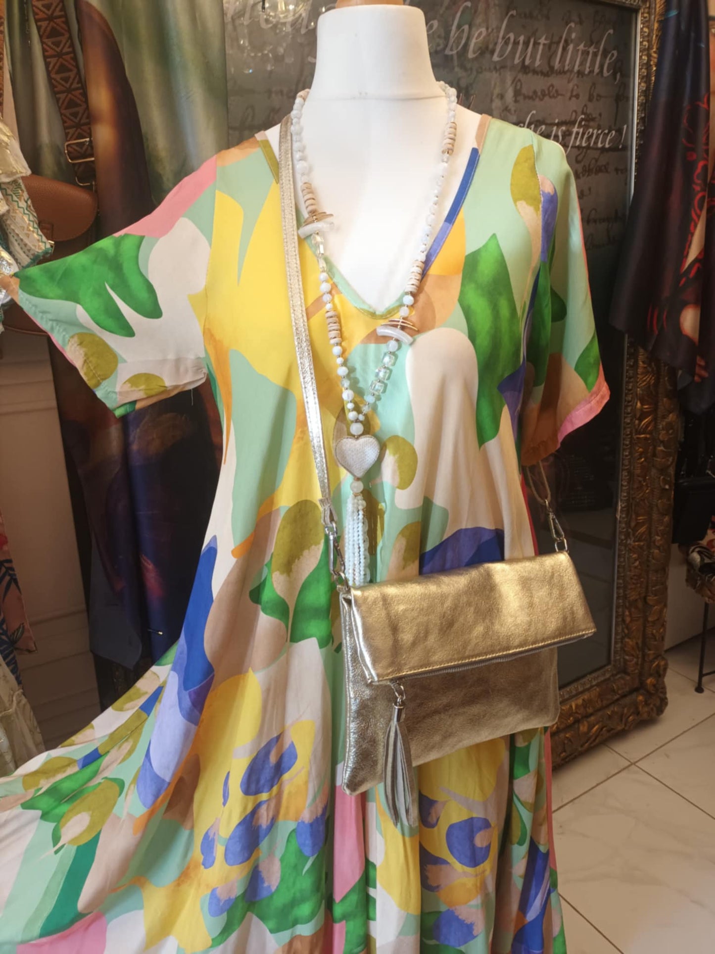 THE 'SUNNY DAZE' FIT AND FLARE V NECK DRESS WITH SUPER SWISHY SKIRT GREEN MIX or PINK MIX
