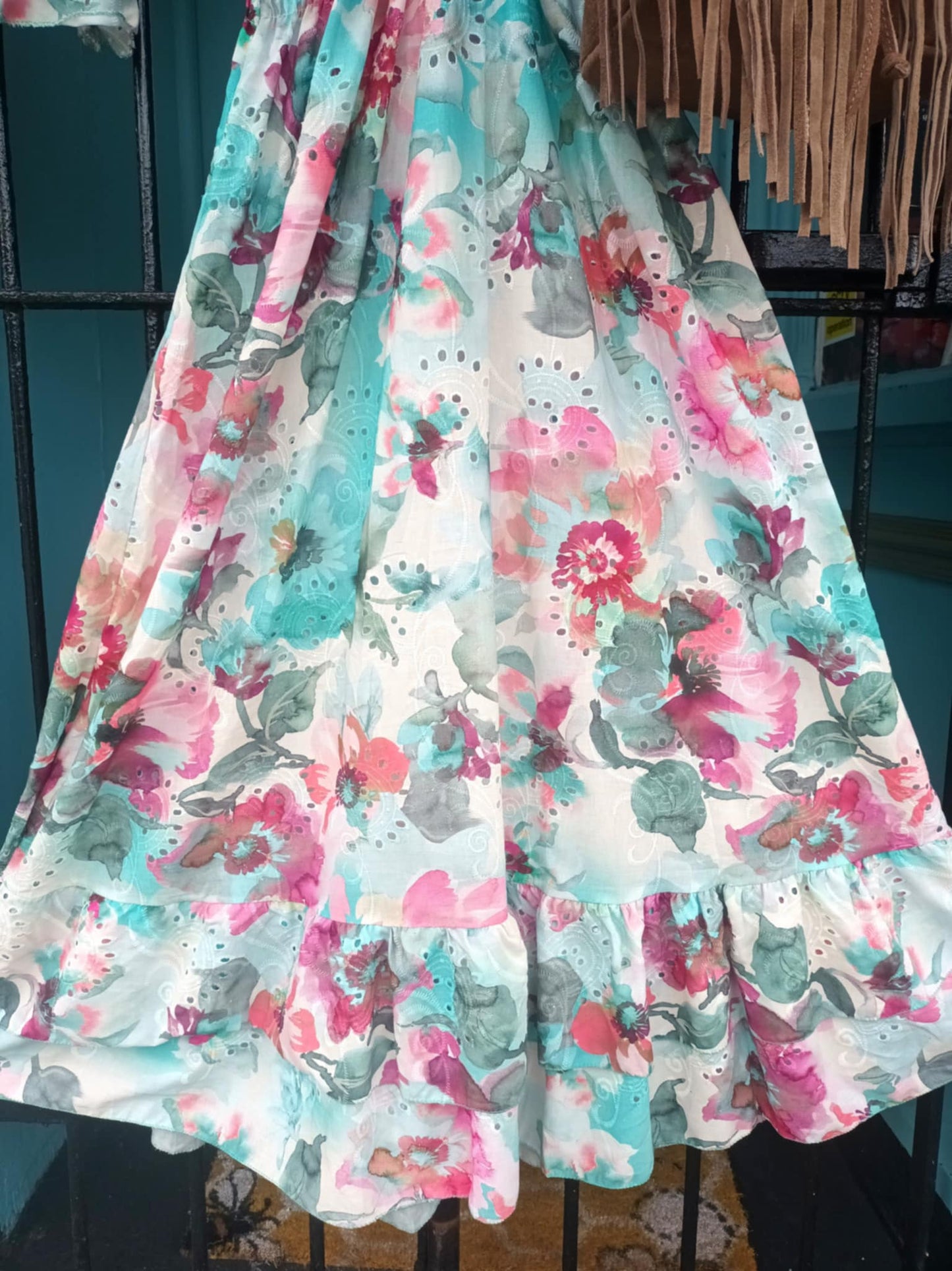 THE 'MEADOW' 100% COTTON BRODERIE ANGLAISE WATERCOLOUR FLORAL PRINT DRESS AQUA OR PINK