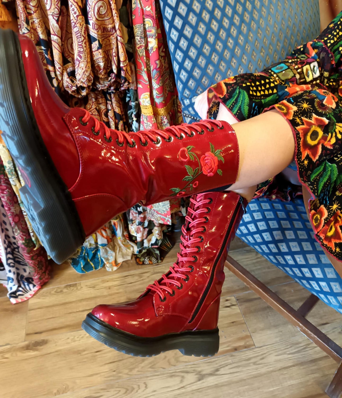 THE 'ROSA' STUNNING SCARLET FLORAL EMBROIDERED LACE UP SUPER COMFORT BOOTS VEGAN FRIENDLY