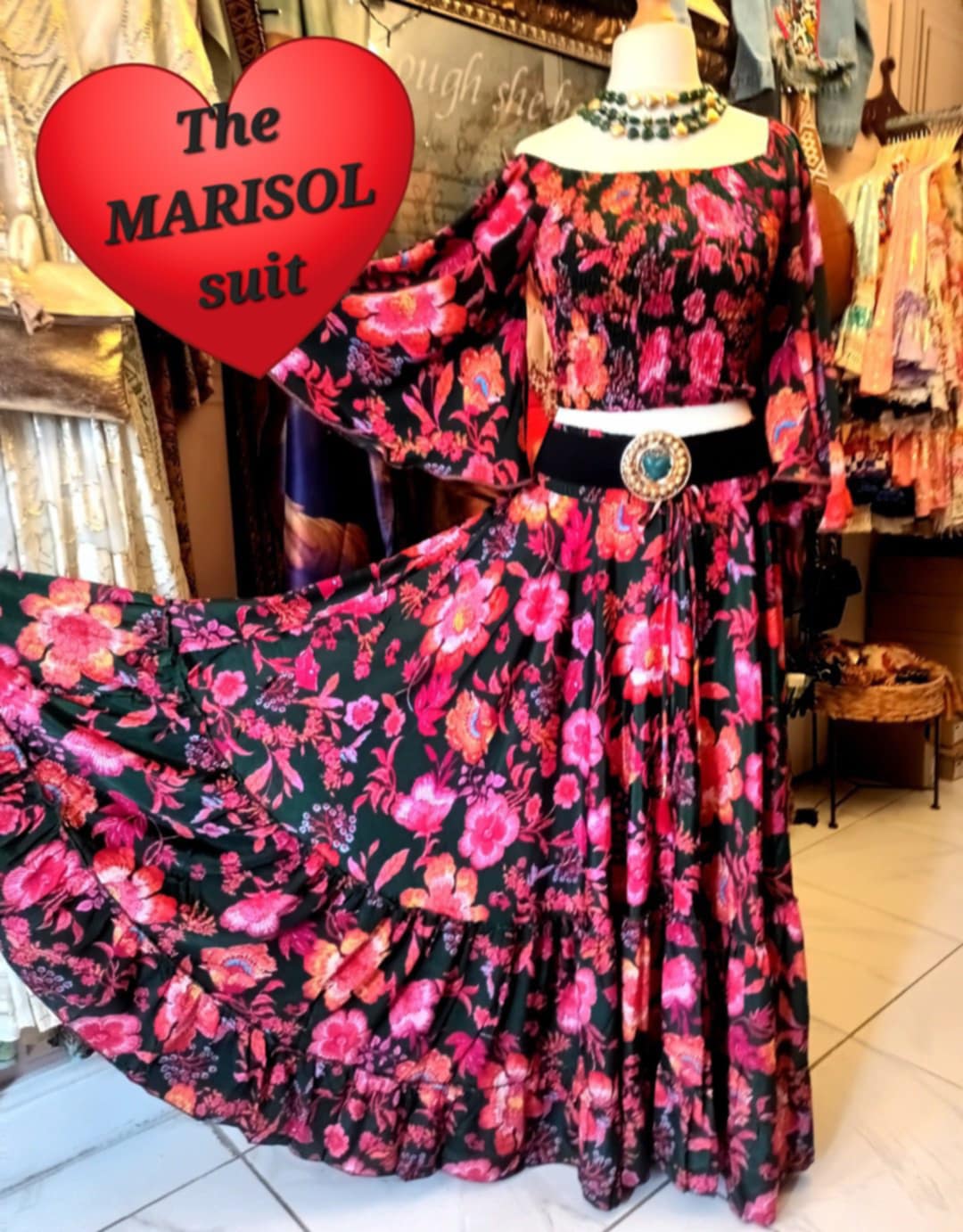 THE MARISOL TWO PIECE SUIT WITH ANGEL SLEEVES AND FULL CIRCLE SKIRT FROM OUR EXCLUSIVE SPANISH COLLECTION