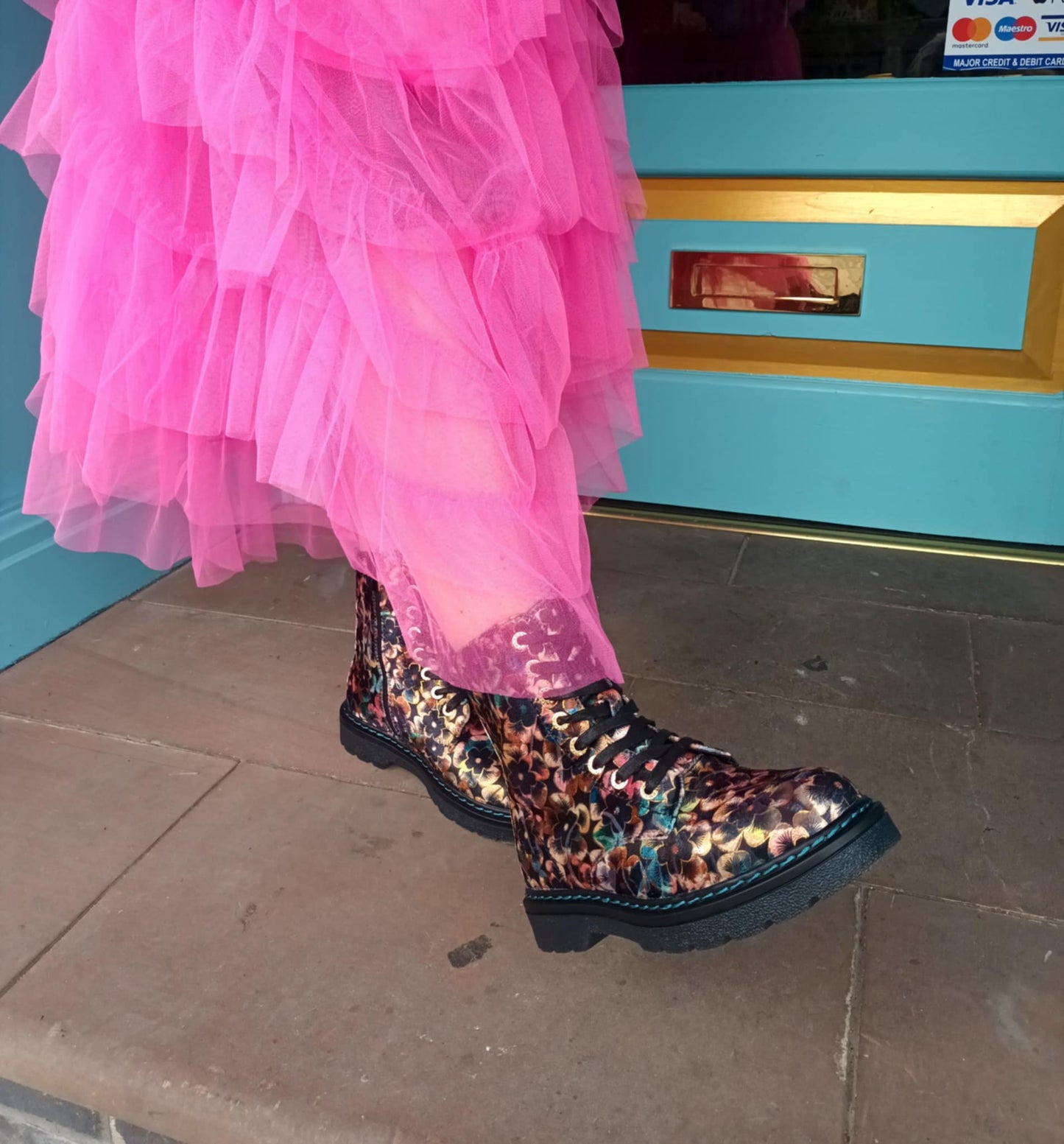 THE 'PANSY' STUNNING MULTI PANSY PATTERN LACE UP SUPER COMFORT LACE UP/ZIP BOOTS VEGAN FRIENDLY